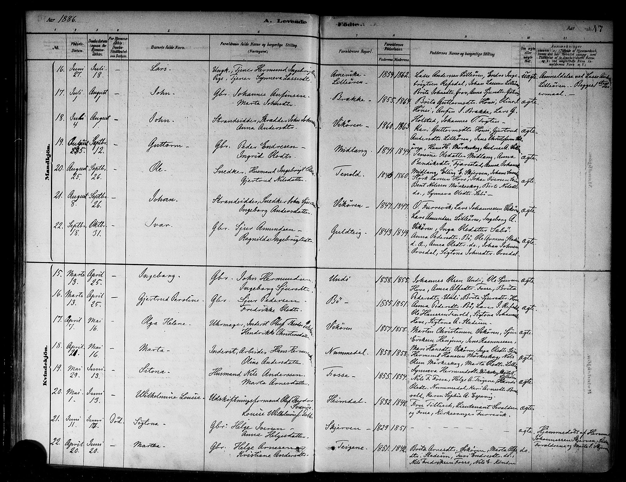 Vik sokneprestembete, AV/SAB-A-81501/H/Haa/Haab/L0001: Parish register (official) no. B 1, 1878-1890, p. 47