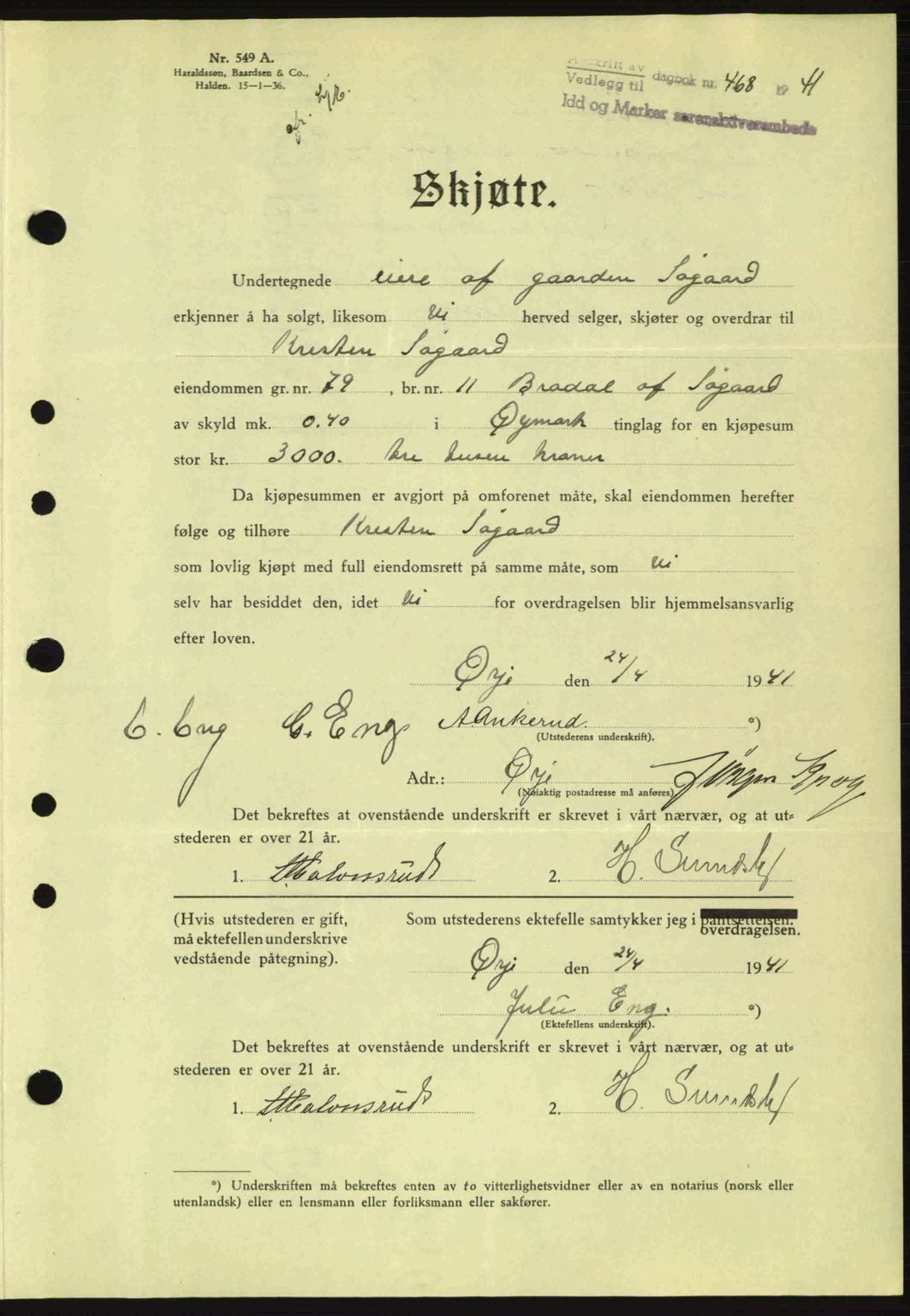 Idd og Marker sorenskriveri, AV/SAO-A-10283/G/Gb/Gbb/L0004: Mortgage book no. A4, 1940-1941, Diary no: : 468/1941