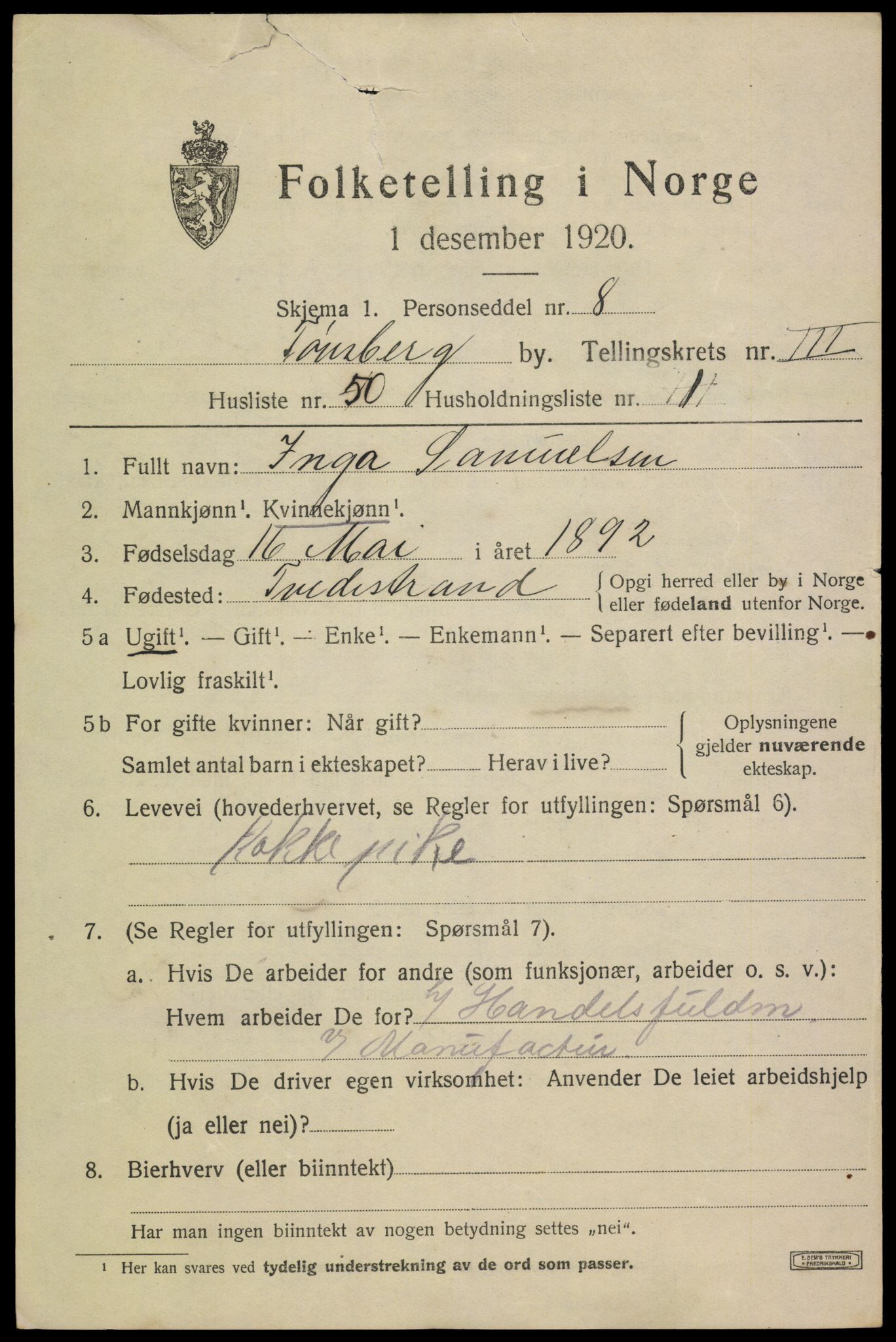 SAKO, 1920 census for Tønsberg, 1920, p. 12001