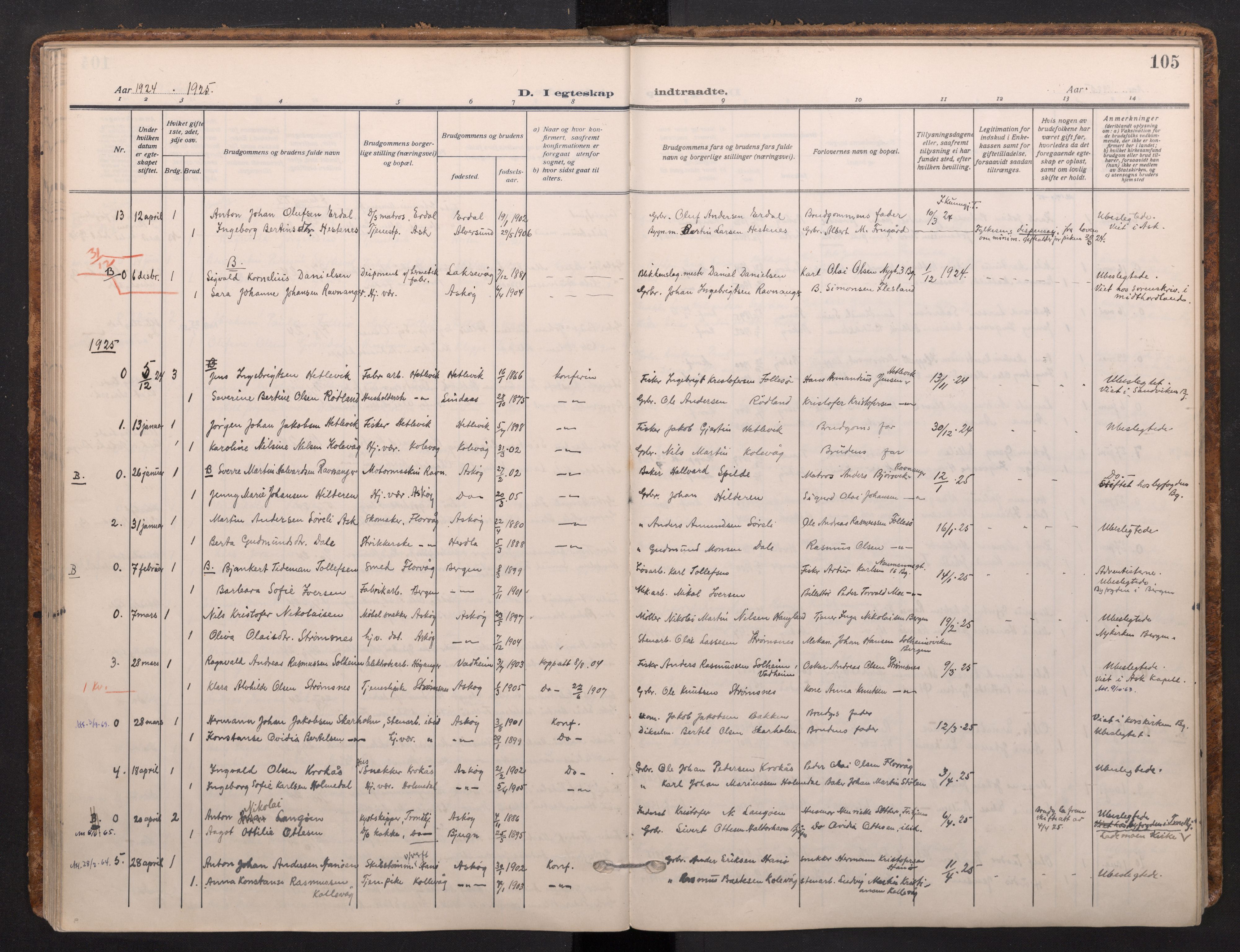 Askøy Sokneprestembete, AV/SAB-A-74101/H/Ha/Haa/Haad/L0002: Parish register (official) no. D 2, 1915-1935, p. 105