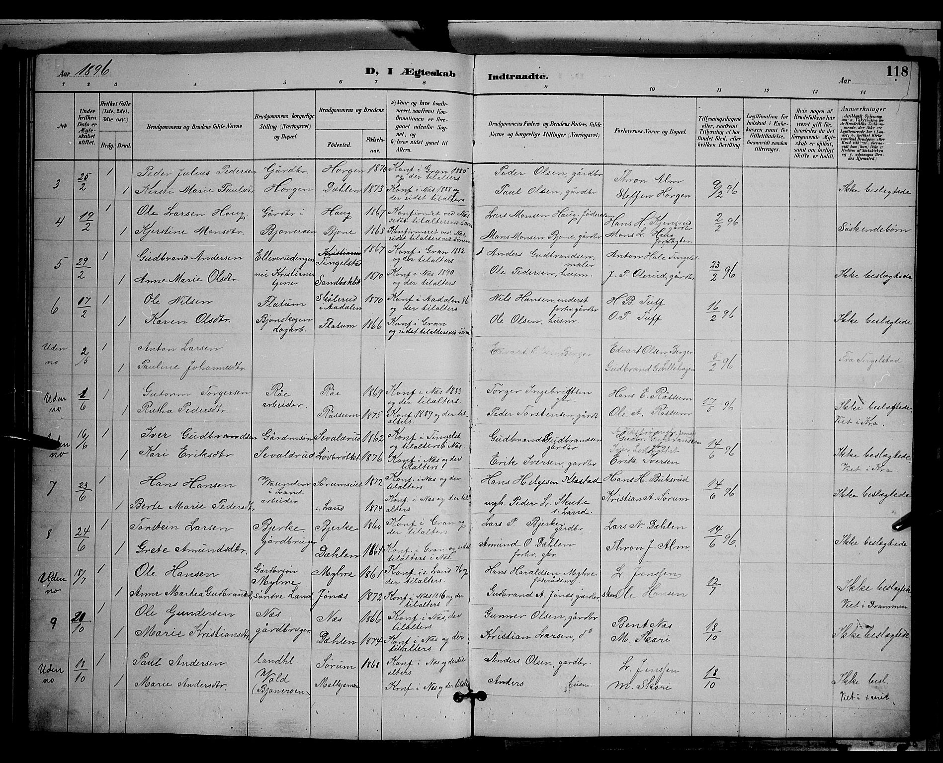 Gran prestekontor, AV/SAH-PREST-112/H/Ha/Hab/L0004: Parish register (copy) no. 4, 1890-1899, p. 118