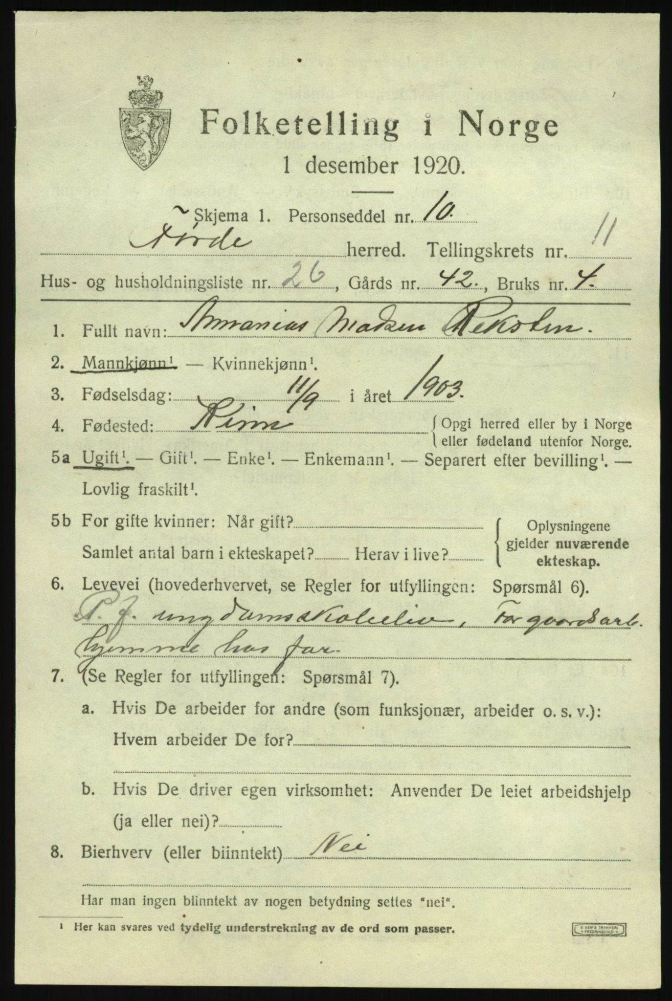 SAB, 1920 census for Førde, 1920, p. 4264