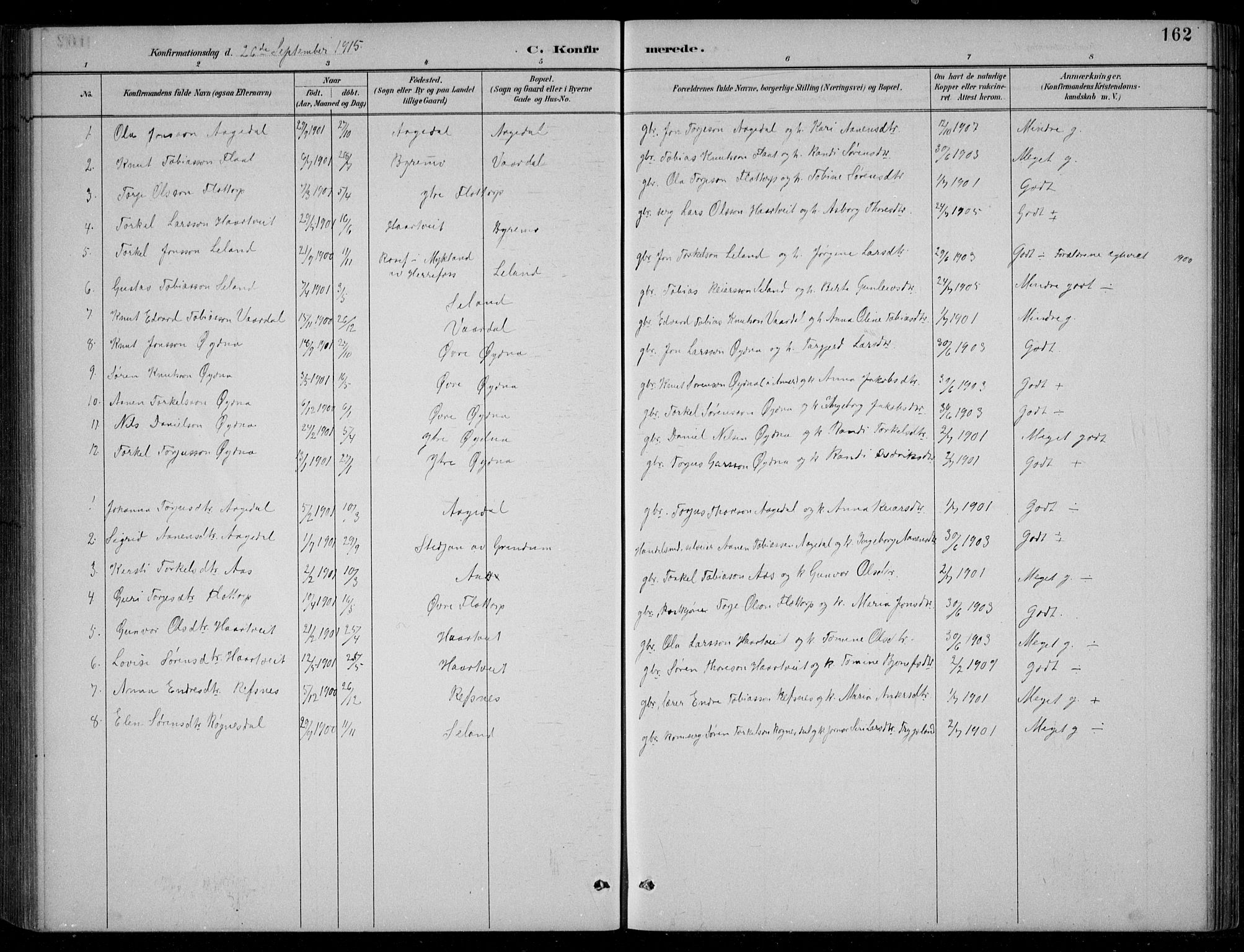 Bjelland sokneprestkontor, SAK/1111-0005/F/Fb/Fbc/L0003: Parish register (copy) no. B 3, 1887-1924, p. 162
