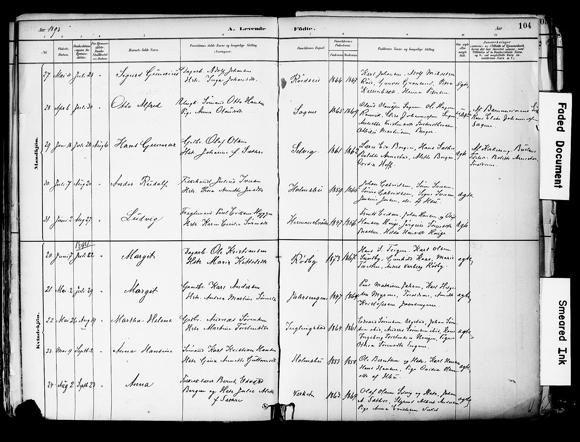 Hurum kirkebøker, AV/SAKO-A-229/F/Fa/L0014: Parish register (official) no. 14, 1882-1895, p. 104