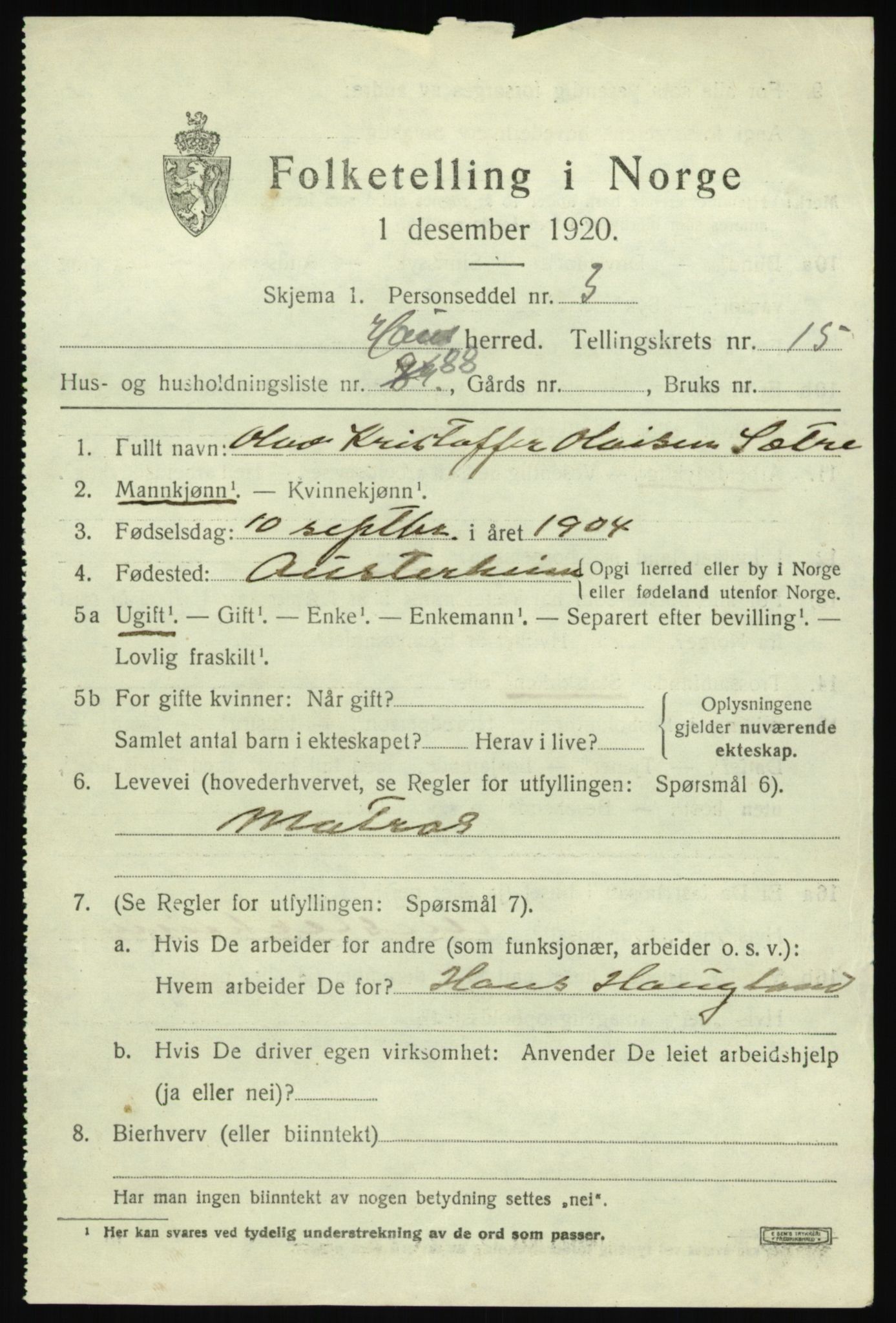 SAB, 1920 census for Haus, 1920, p. 10372