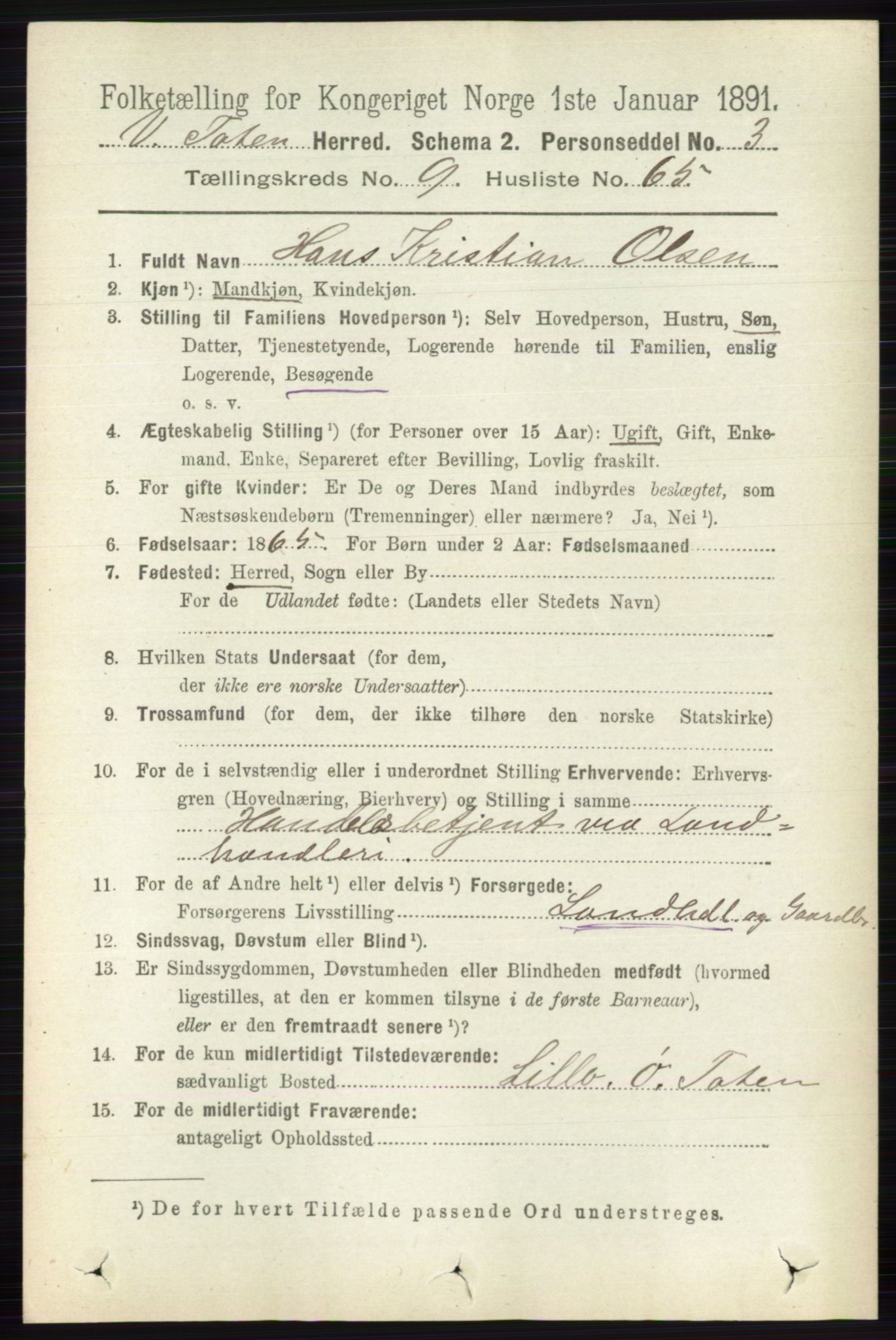 RA, 1891 census for 0529 Vestre Toten, 1891, p. 5961