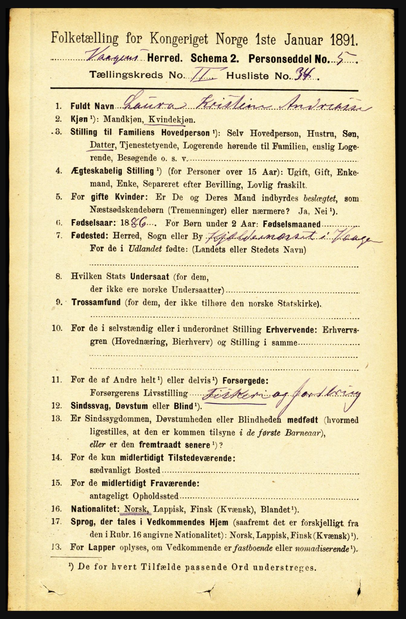 RA, 1891 census for 1865 Vågan, 1891, p. 649