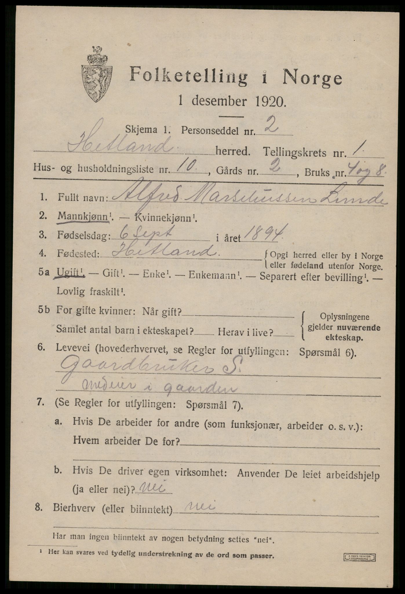 SAST, 1920 census for Hetland, 1920, p. 3665