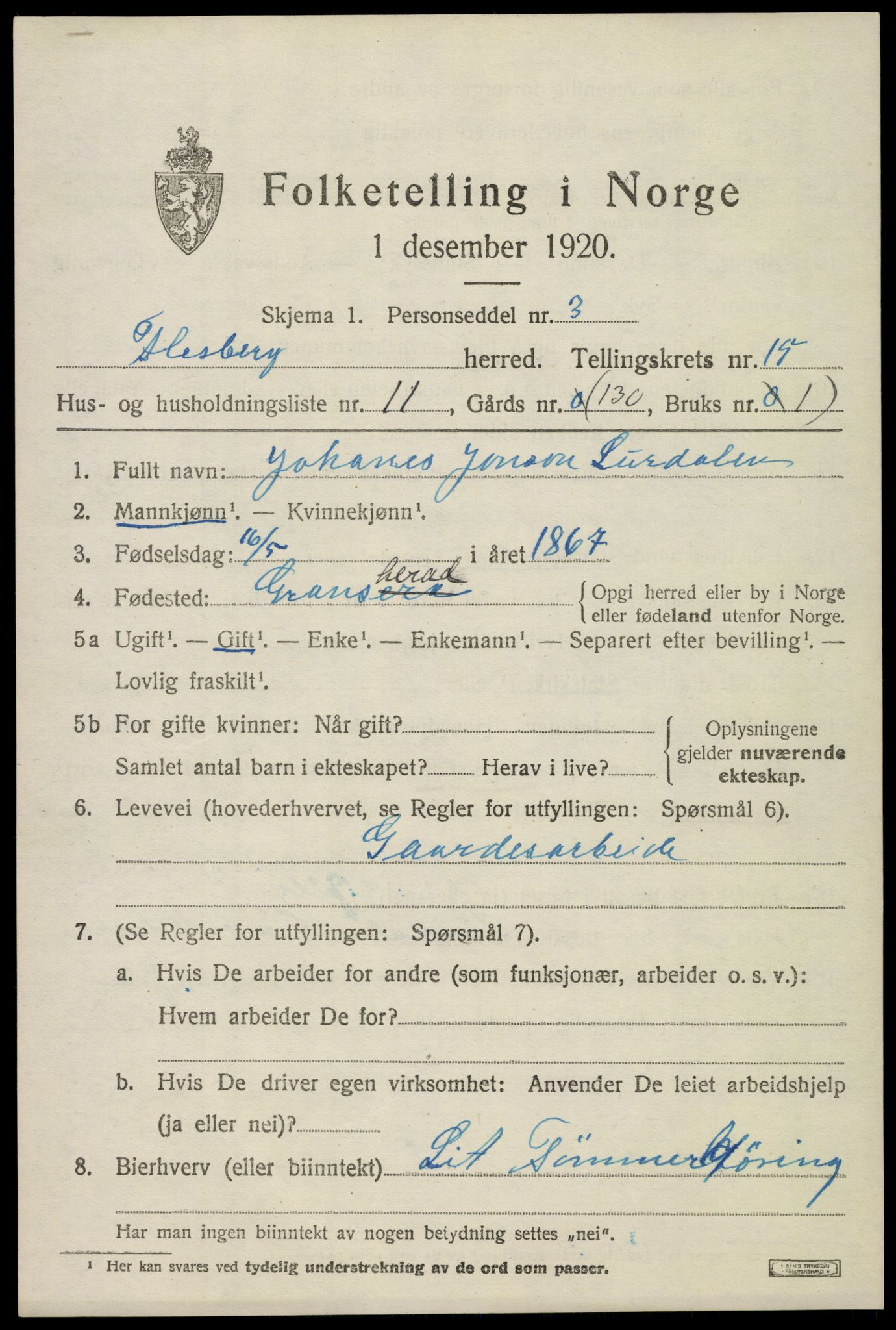 SAKO, 1920 census for Flesberg, 1920, p. 4999