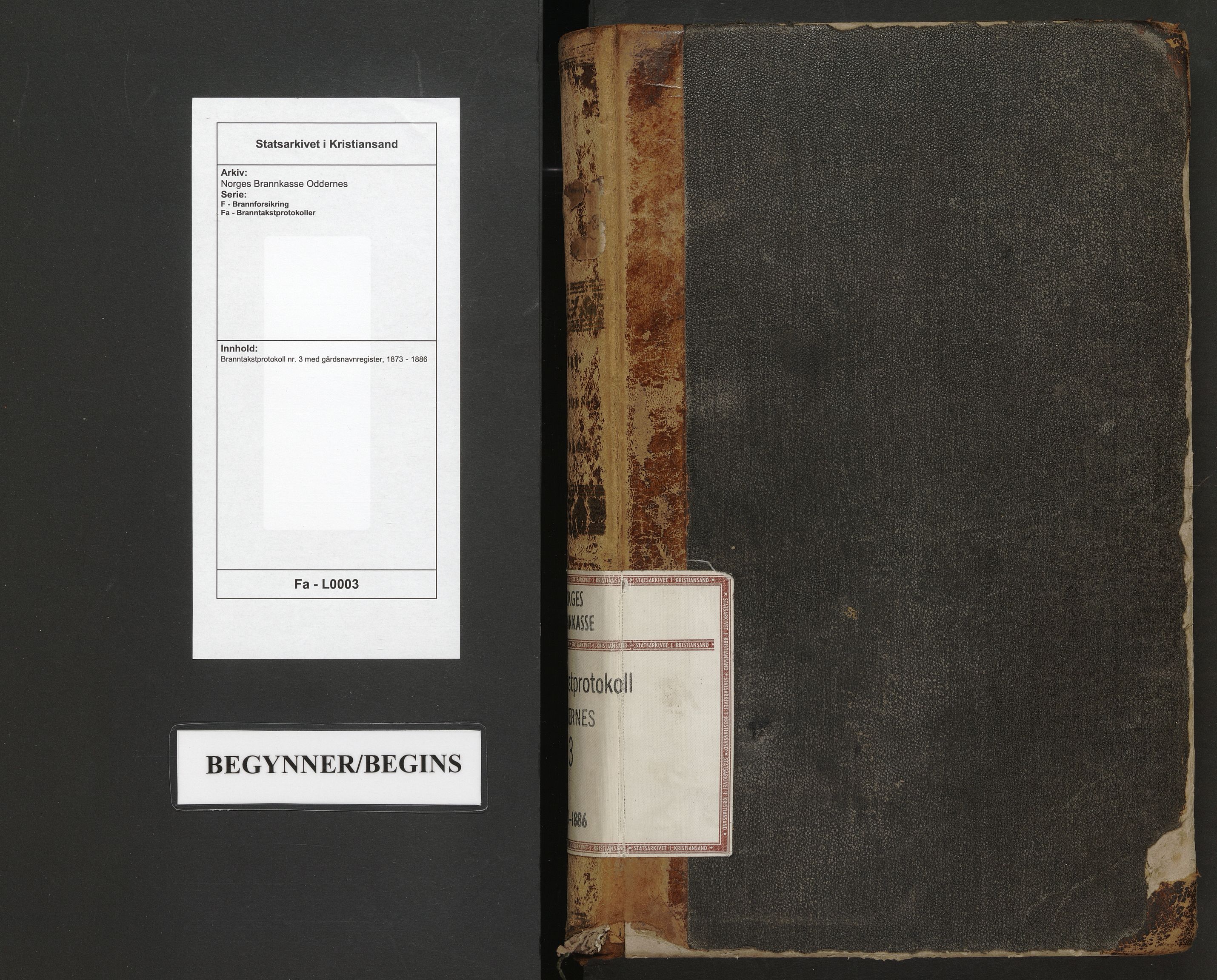 Norges Brannkasse Oddernes, SAK/2241-0042/F/Fa/L0003: Branntakstprotokoll nr. 3 med gårdsnavnregister, 1873-1886