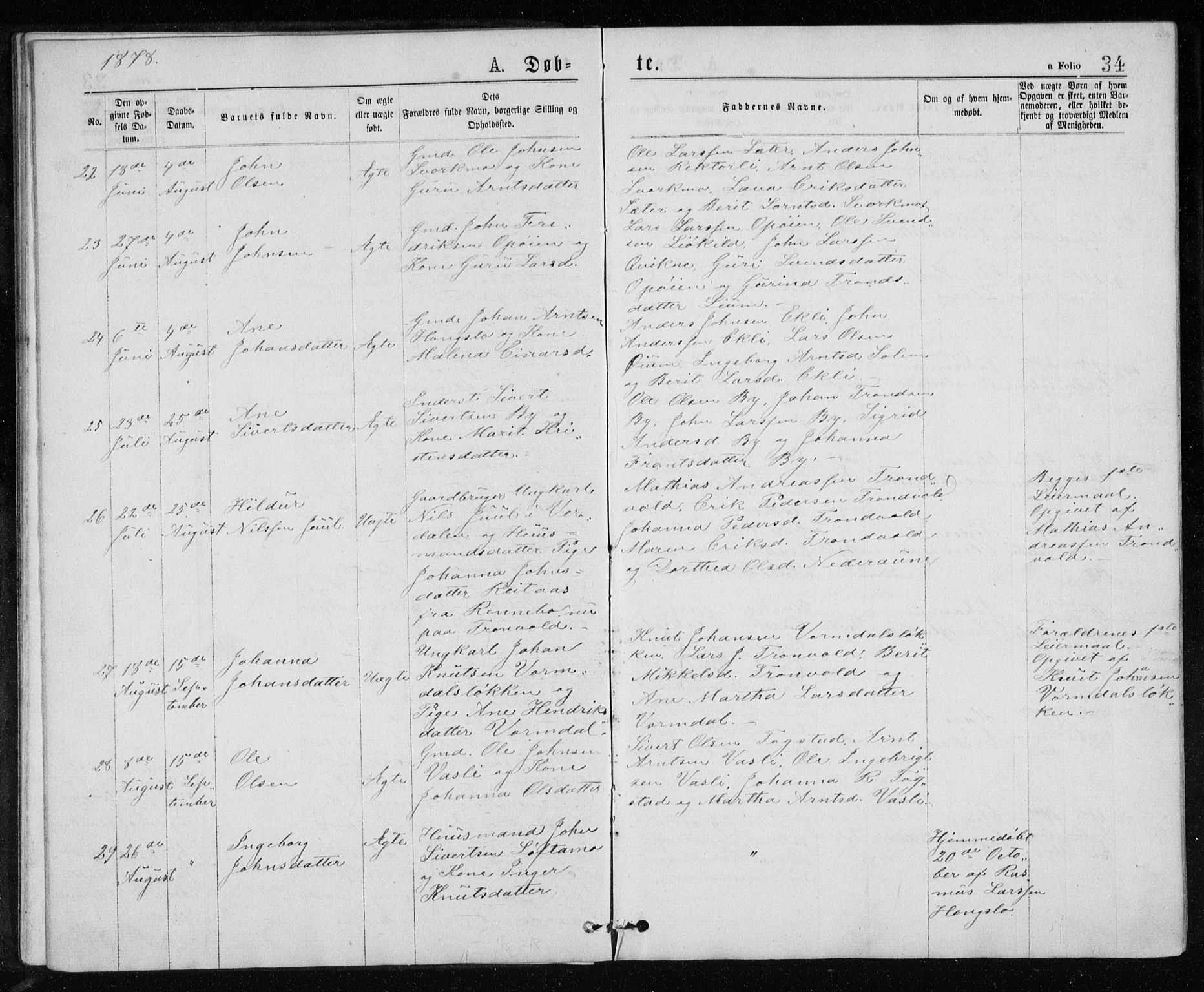 Ministerialprotokoller, klokkerbøker og fødselsregistre - Sør-Trøndelag, AV/SAT-A-1456/671/L0843: Parish register (copy) no. 671C02, 1873-1892, p. 34