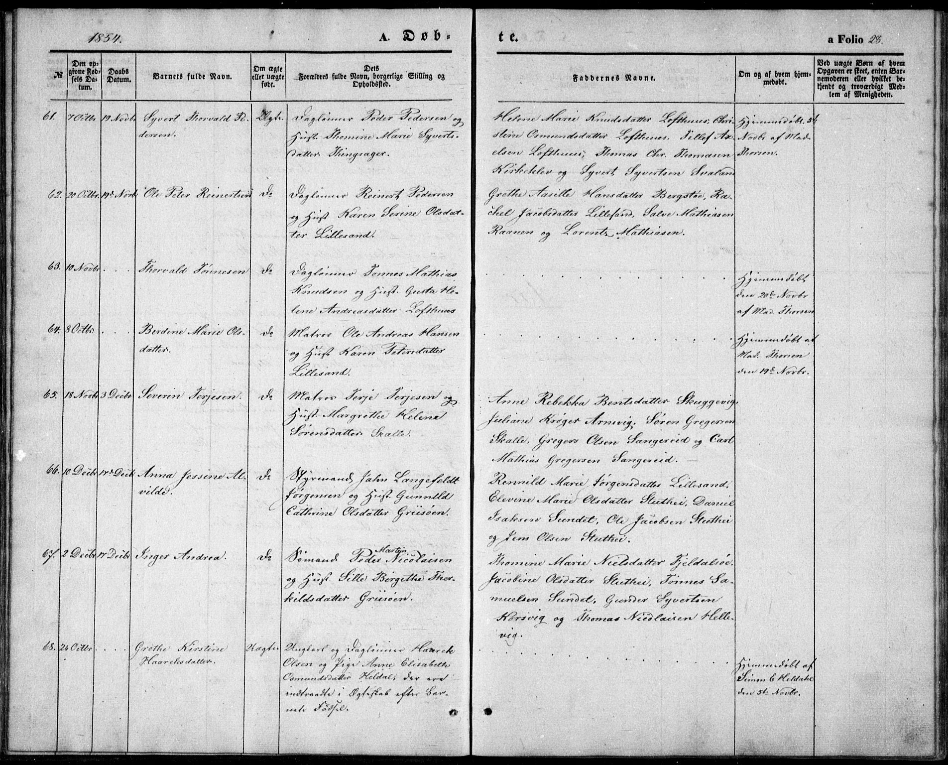 Vestre Moland sokneprestkontor, AV/SAK-1111-0046/F/Fb/Fbb/L0003: Parish register (copy) no. B 3, 1851-1861, p. 28