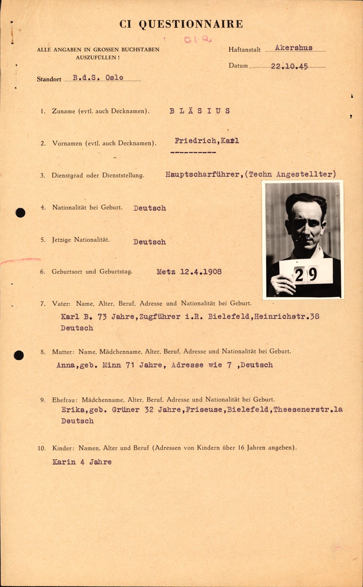 Forsvaret, Forsvarets overkommando II, RA/RAFA-3915/D/Db/L0003: CI Questionaires. Tyske okkupasjonsstyrker i Norge. Tyskere., 1945-1946, p. 276