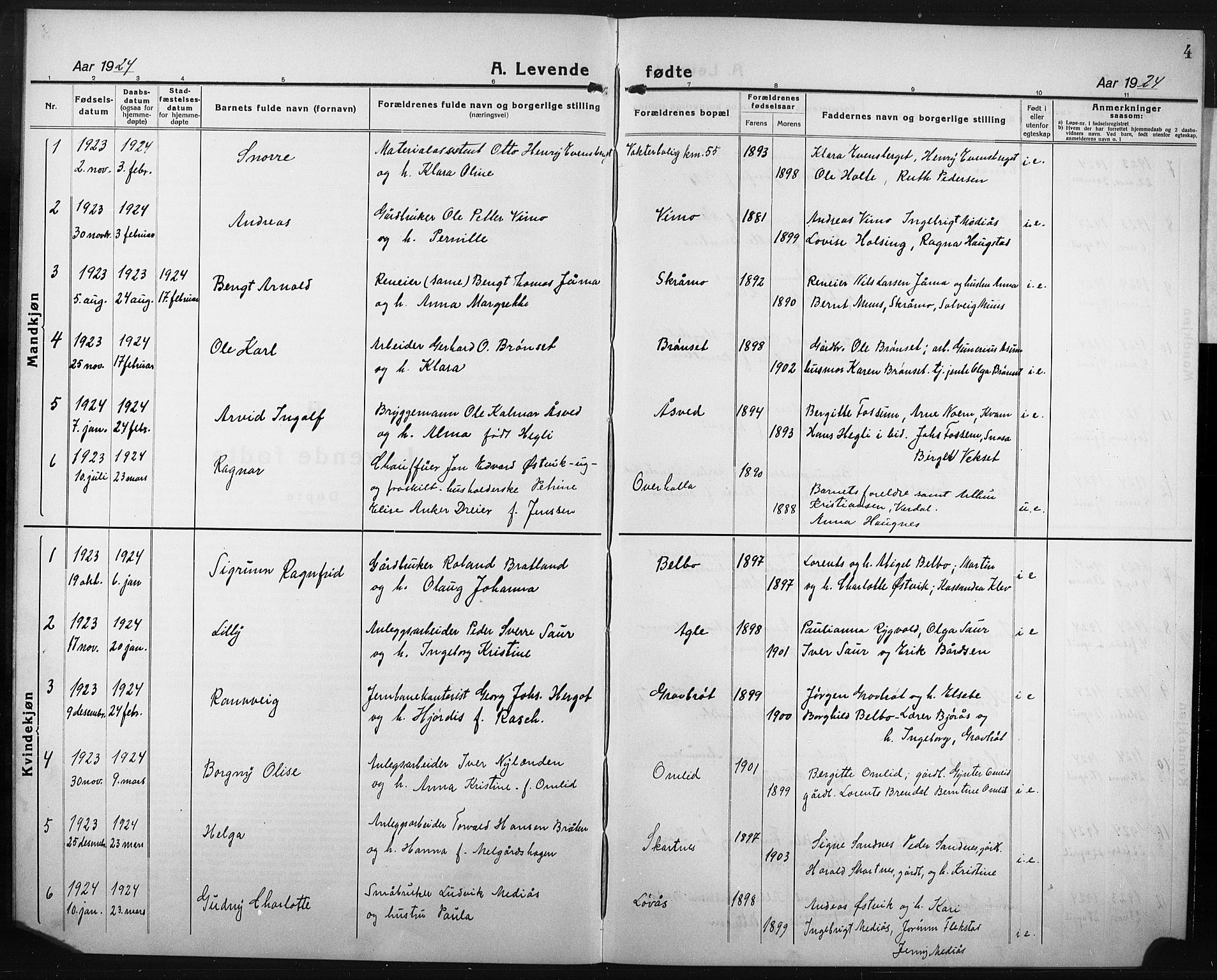 Ministerialprotokoller, klokkerbøker og fødselsregistre - Nord-Trøndelag, SAT/A-1458/749/L0480: Parish register (copy) no. 749C02, 1924-1932, p. 4