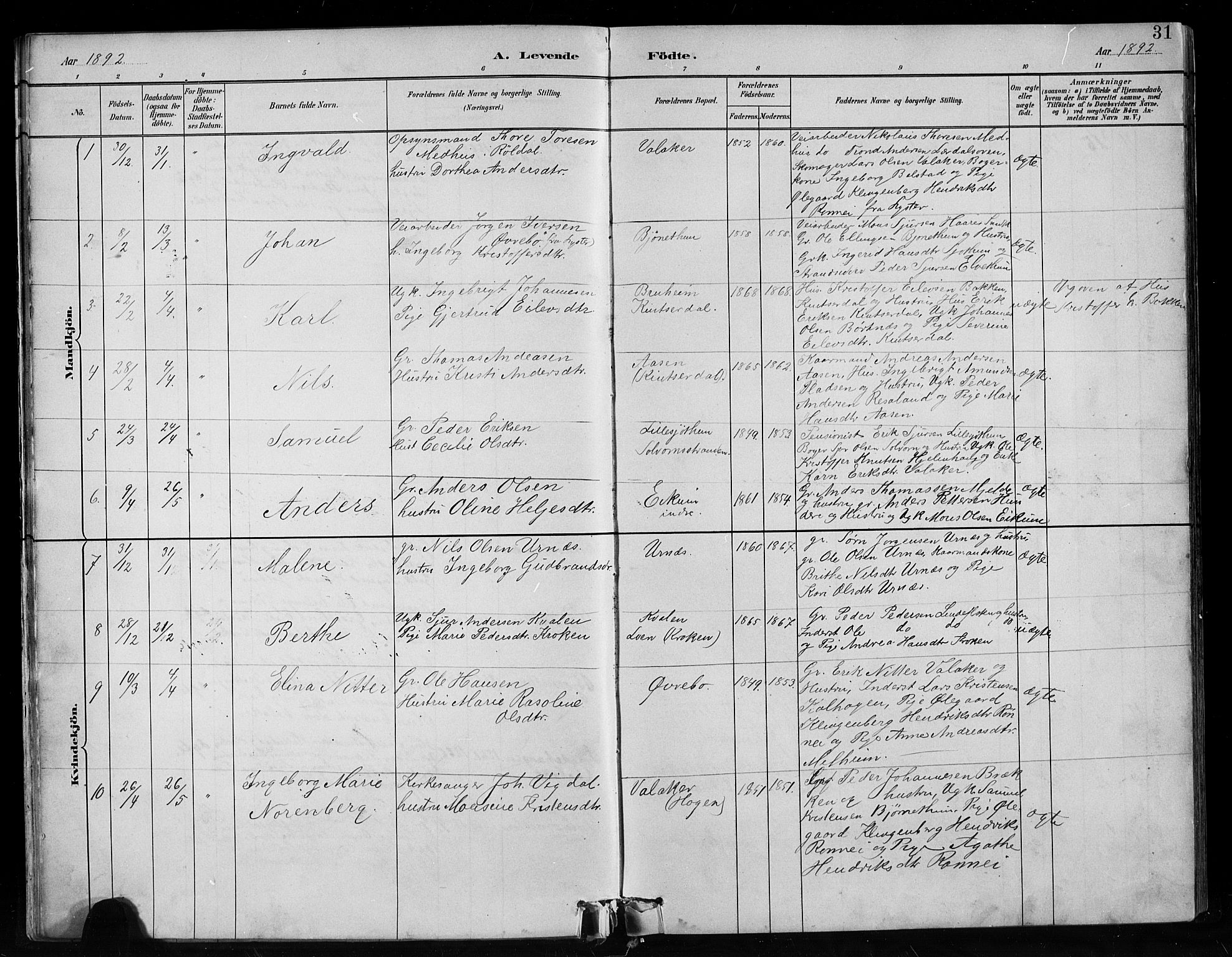 Hafslo sokneprestembete, SAB/A-80301/H/Hab/Habc/L0001: Parish register (copy) no. C 1, 1882-1908, p. 31