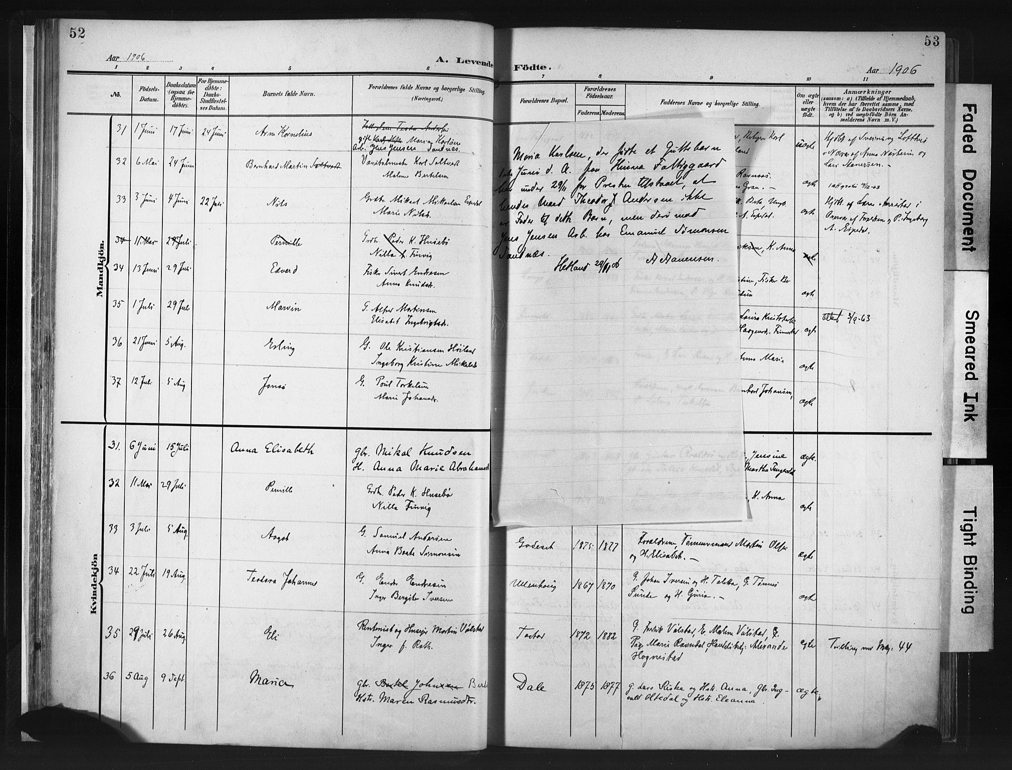 Hetland sokneprestkontor, SAST/A-101826/30/30BA/L0013: Parish register (official) no. A 13, 1904-1918, p. 52-53