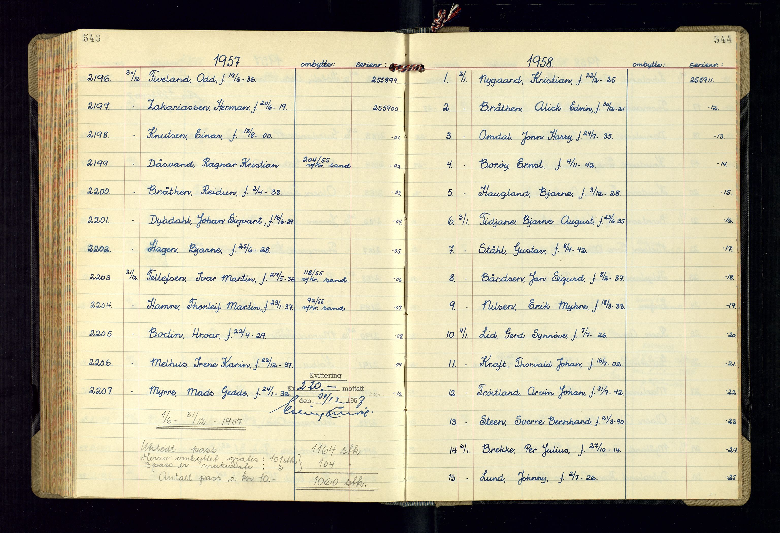 Kristiansand politikammer - 2, AV/SAK-1243-0009/K/Ka/Kaa/L0613: Passprotokoll, liste med løpenumre, 1954-1958, p. 543-544