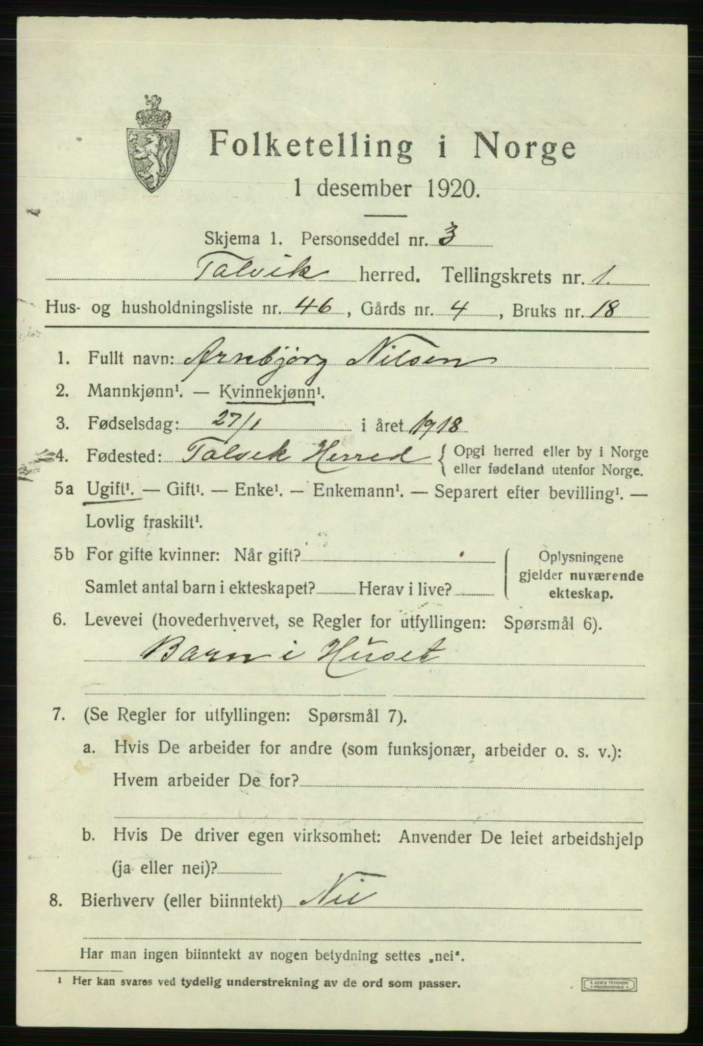 SATØ, 1920 census for Talvik, 1920, p. 1518