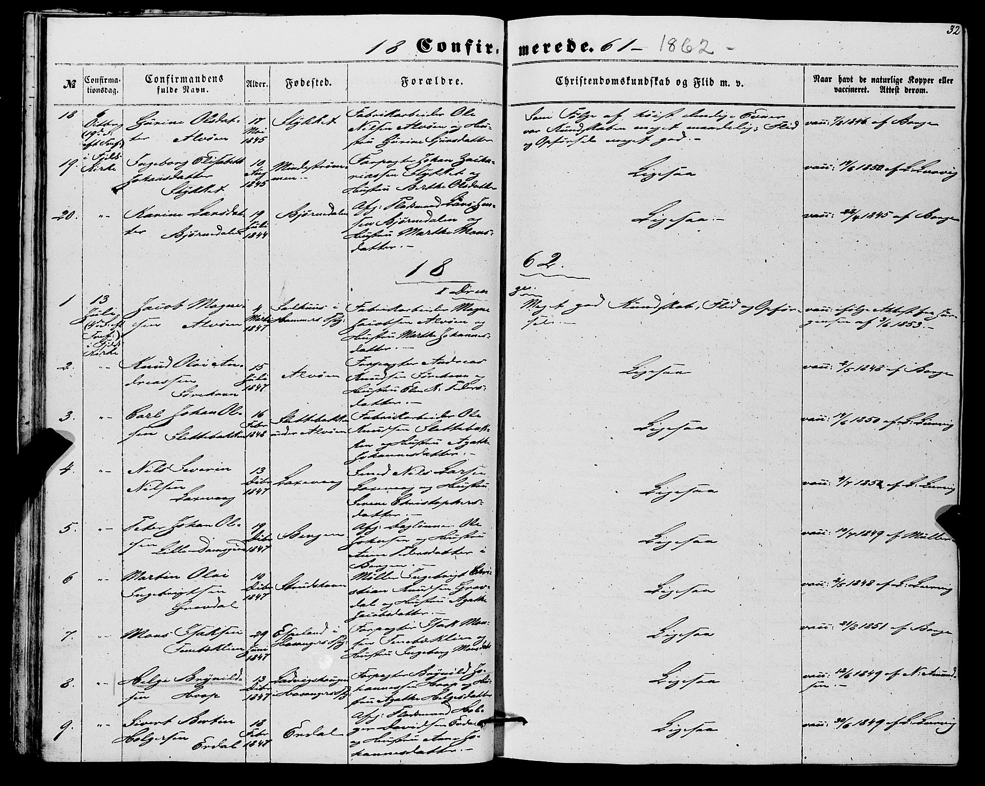 Askøy Sokneprestembete, SAB/A-74101/H/Ha/Haa/Haaa/L0012: Parish register (official) no. A 12, 1855-1877, p. 32