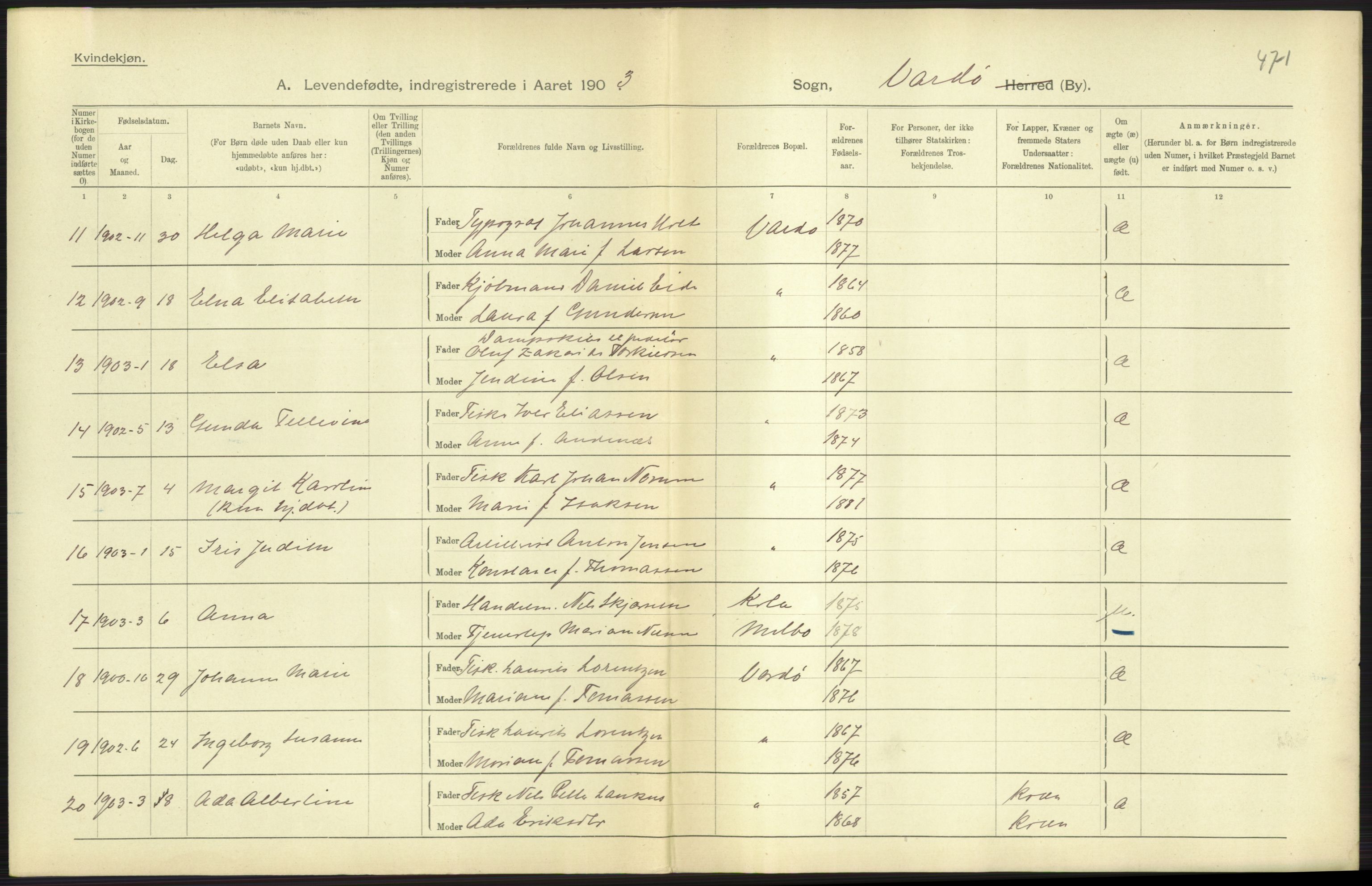 Statistisk sentralbyrå, Sosiodemografiske emner, Befolkning, AV/RA-S-2228/D/Df/Dfa/Dfaa/L0022: Finnmarkens amt: Fødte, gifte, døde., 1903, p. 141