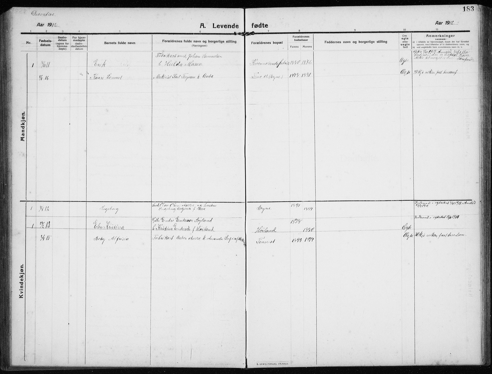 Time sokneprestkontor, AV/SAST-A-101795/001/30BB/L0001: Parish register (copy) no. B 1, 1910-1932, p. 183