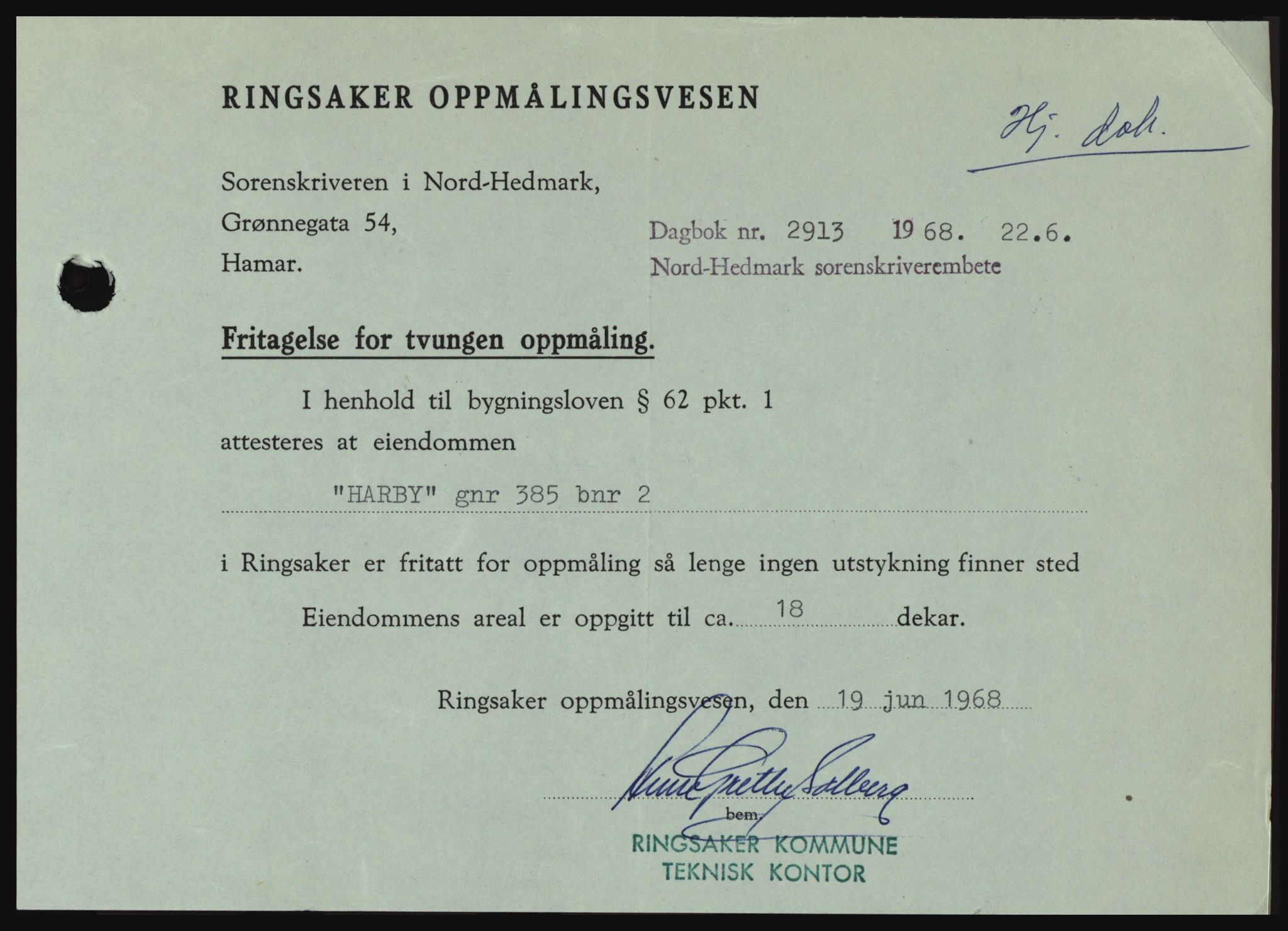 Nord-Hedmark sorenskriveri, SAH/TING-012/H/Hc/L0028: Mortgage book no. 28, 1968-1968, Diary no: : 2913/1968