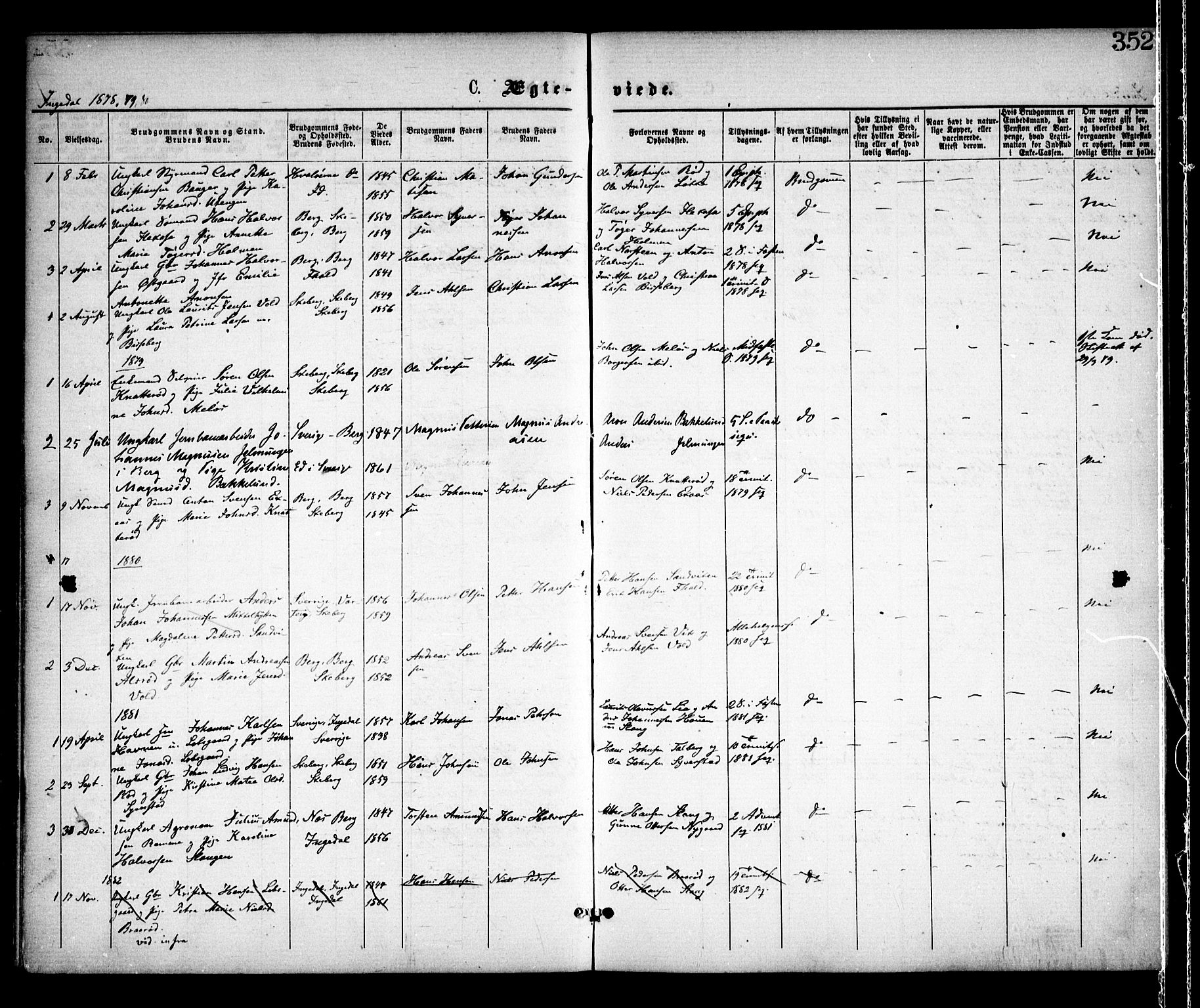 Skjeberg prestekontor Kirkebøker, SAO/A-10923/F/Fa/L0008: Parish register (official) no. I 8, 1869-1885, p. 352