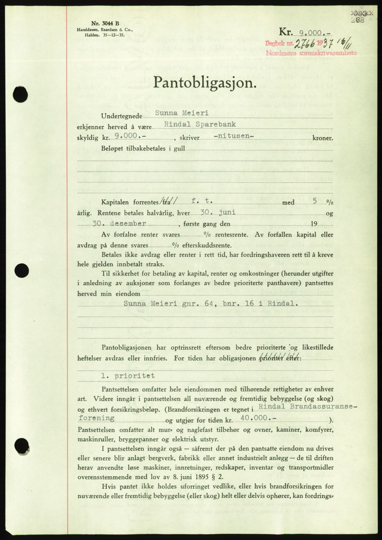 Nordmøre sorenskriveri, AV/SAT-A-4132/1/2/2Ca/L0092: Mortgage book no. B82, 1937-1938, Diary no: : 2766/1937