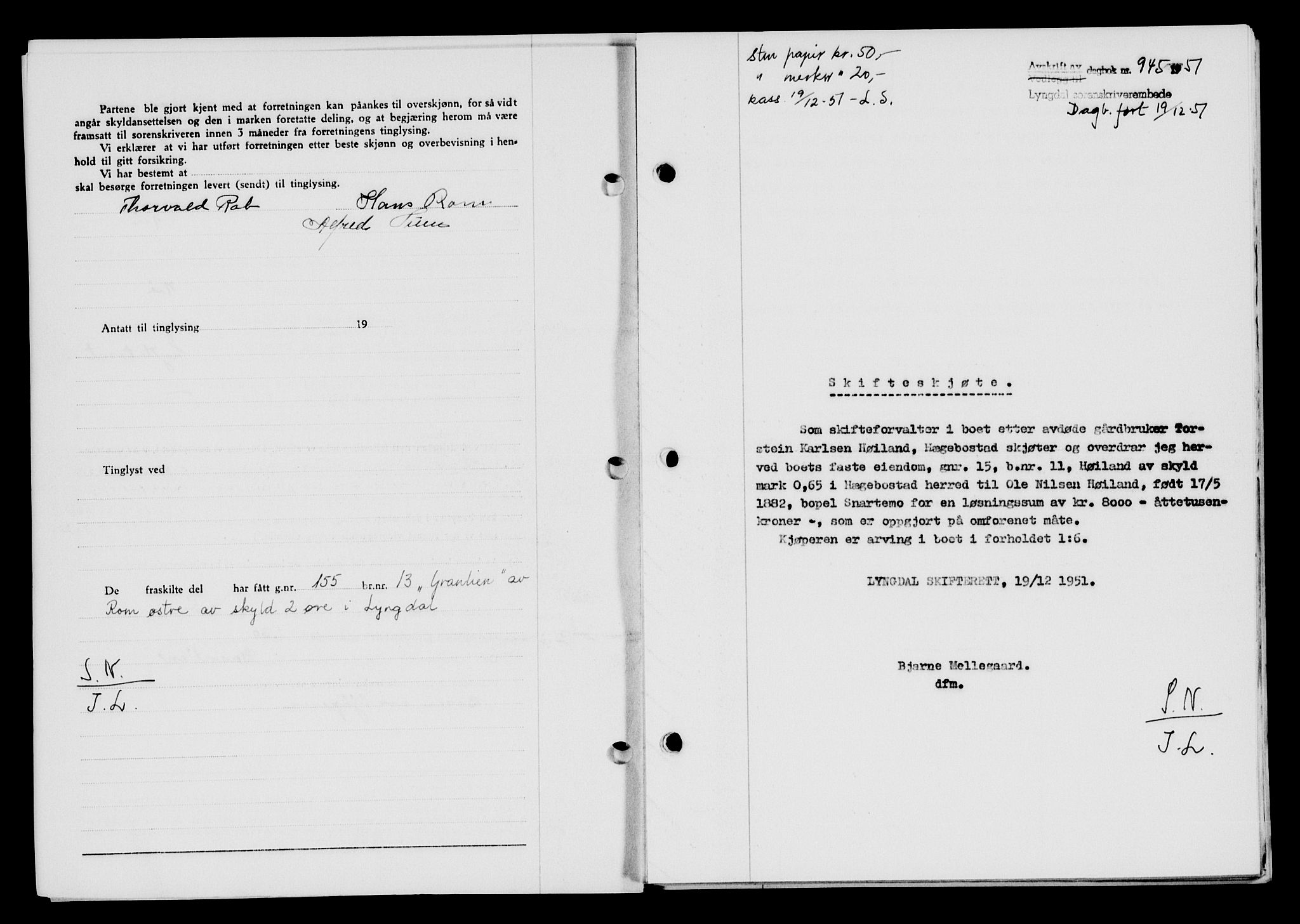 Lyngdal sorenskriveri, AV/SAK-1221-0004/G/Gb/L0667: Mortgage book no. A XIII, 1951-1952, Diary no: : 945/1951