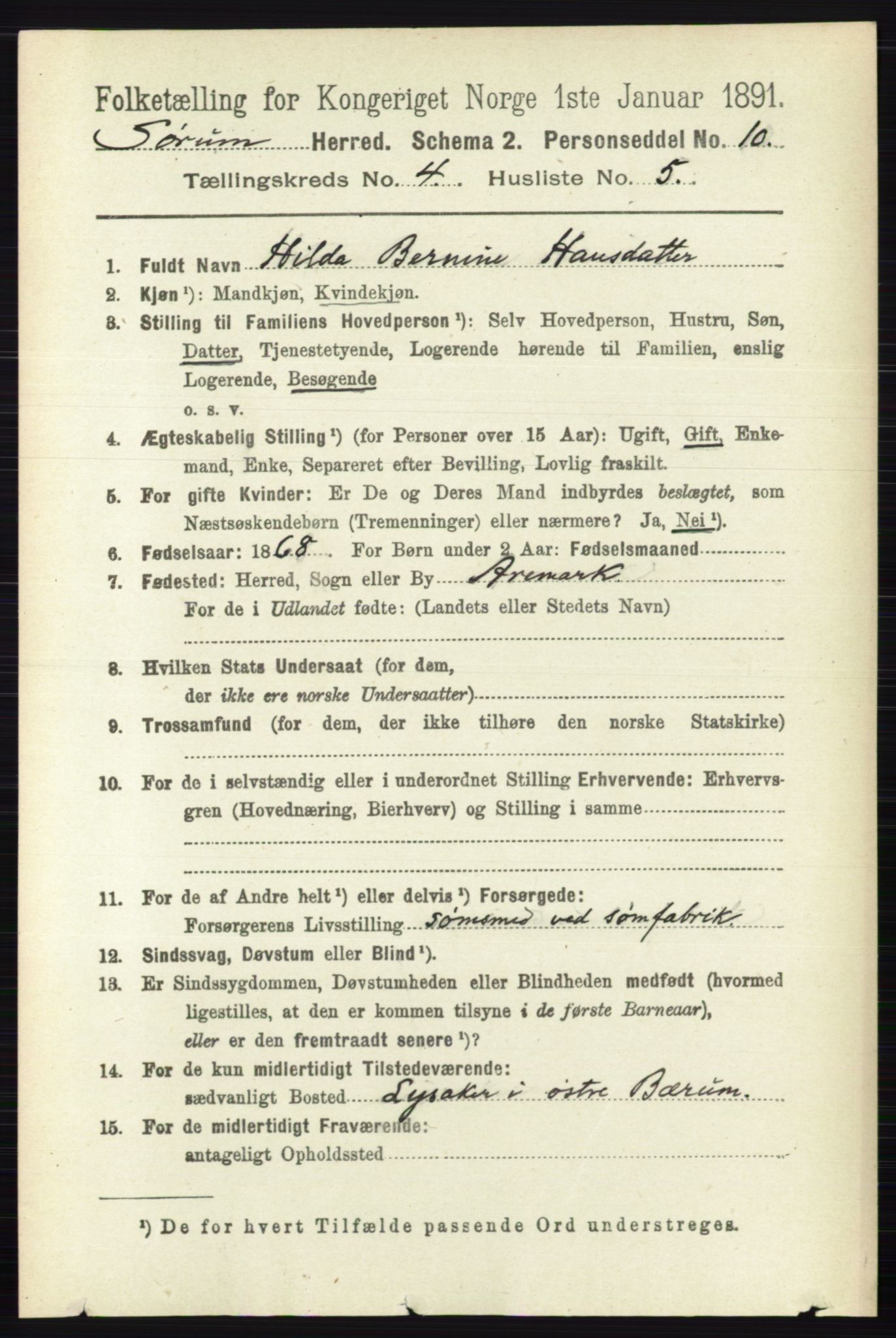 RA, 1891 census for 0226 Sørum, 1891, p. 1910
