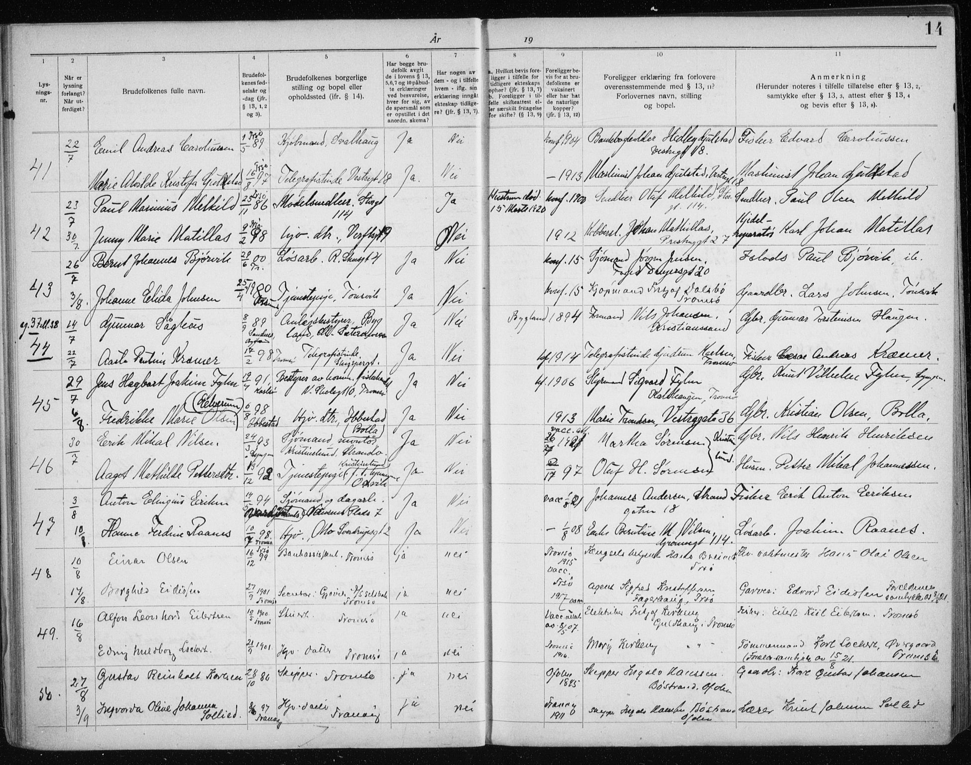 Tromsø sokneprestkontor/stiftsprosti/domprosti, AV/SATØ-S-1343/H/Hc/L0100: Banns register no. 100, 1919-1933, p. 14