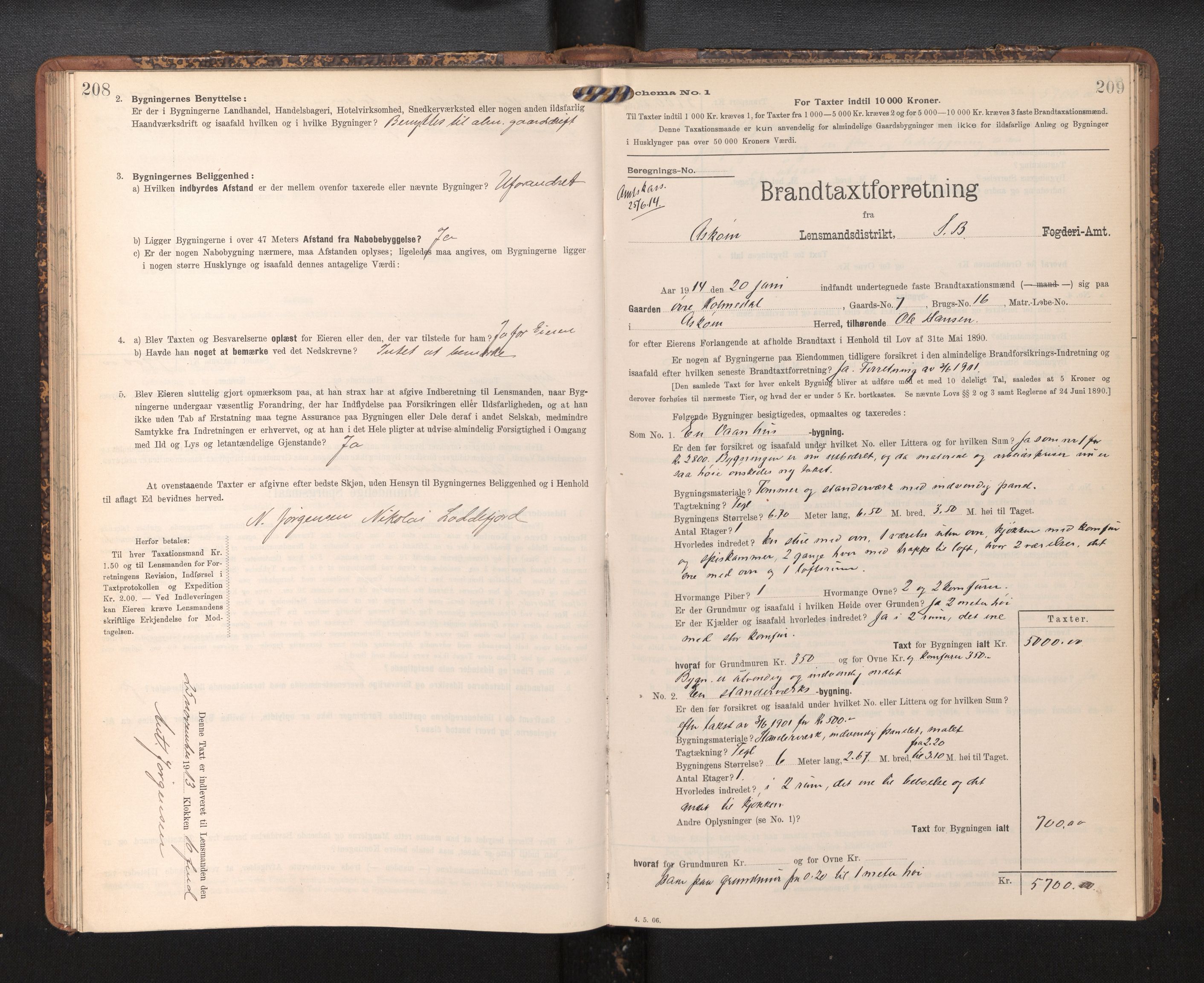 Lensmannen i Askøy, AV/SAB-A-31001/0012/L0005: Branntakstprotokoll, skjematakst, 1907-1915, p. 208-209