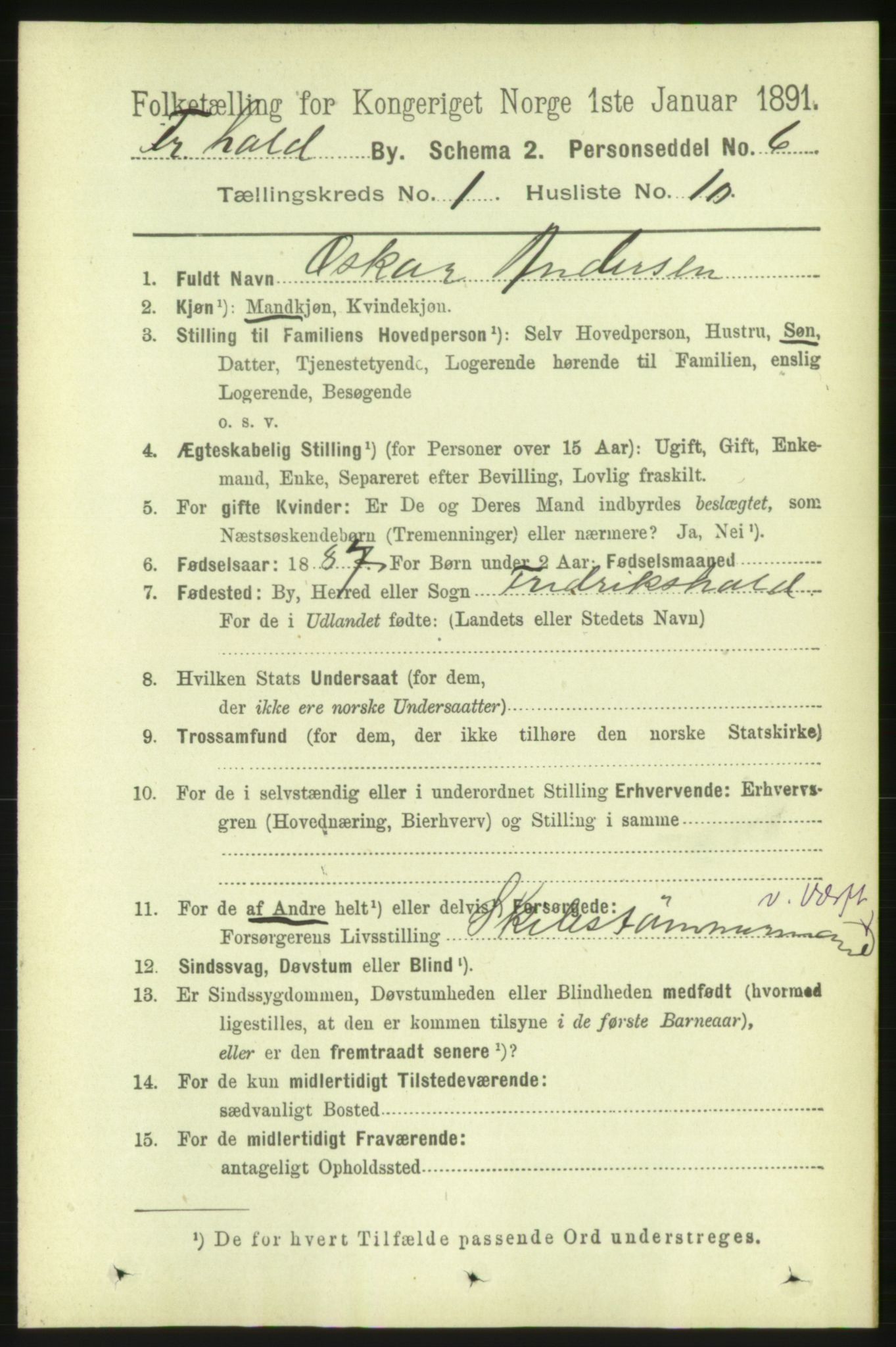 RA, 1891 census for 0101 Fredrikshald, 1891, p. 2008