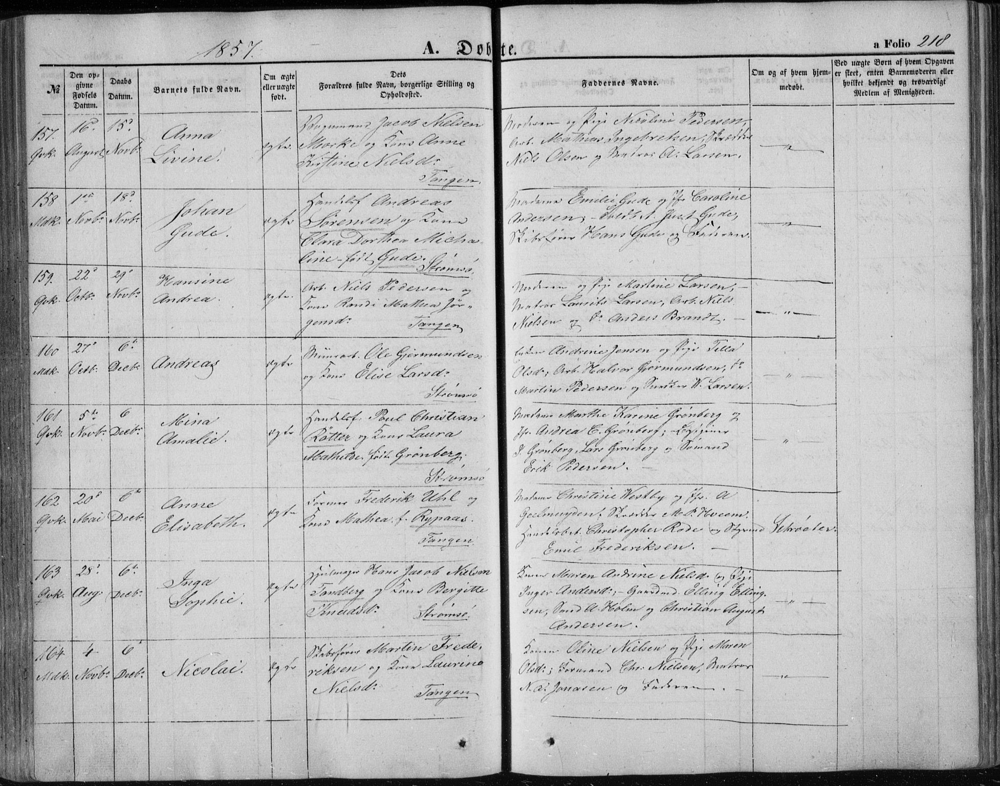 Strømsø kirkebøker, AV/SAKO-A-246/F/Fa/L0014: Parish register (official) no. I 14, 1848-1858, p. 218