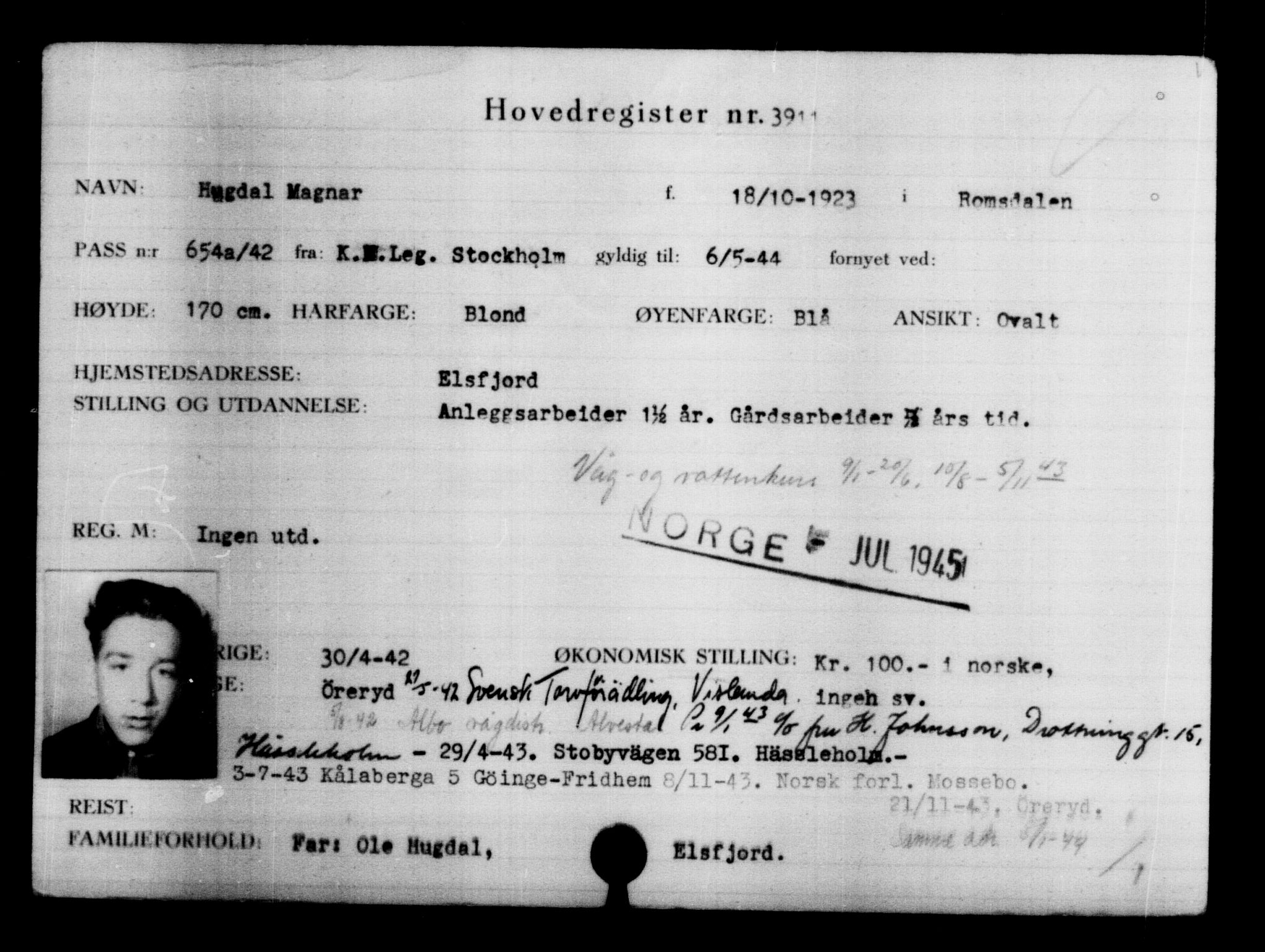 Utenriksstasjonene, Legasjonen i Stockholm, Flyktningkontoret, AV/RA-S-6753/V/Va/L0004: Kjesäterkartoteket, flyktninger med registreringsnr. 3496-6610, 1940-1945, p. 485