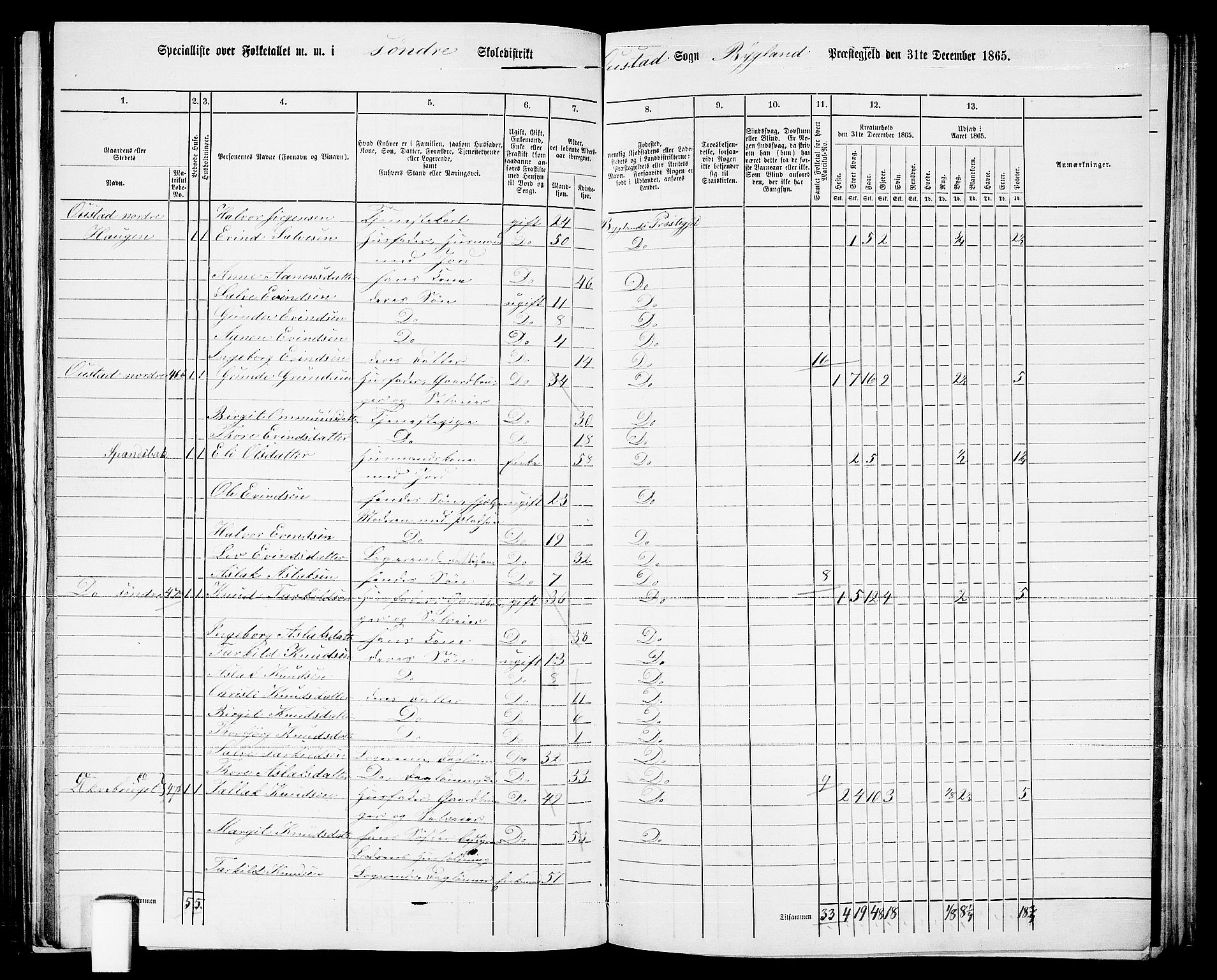 RA, 1865 census for Bygland, 1865, p. 26