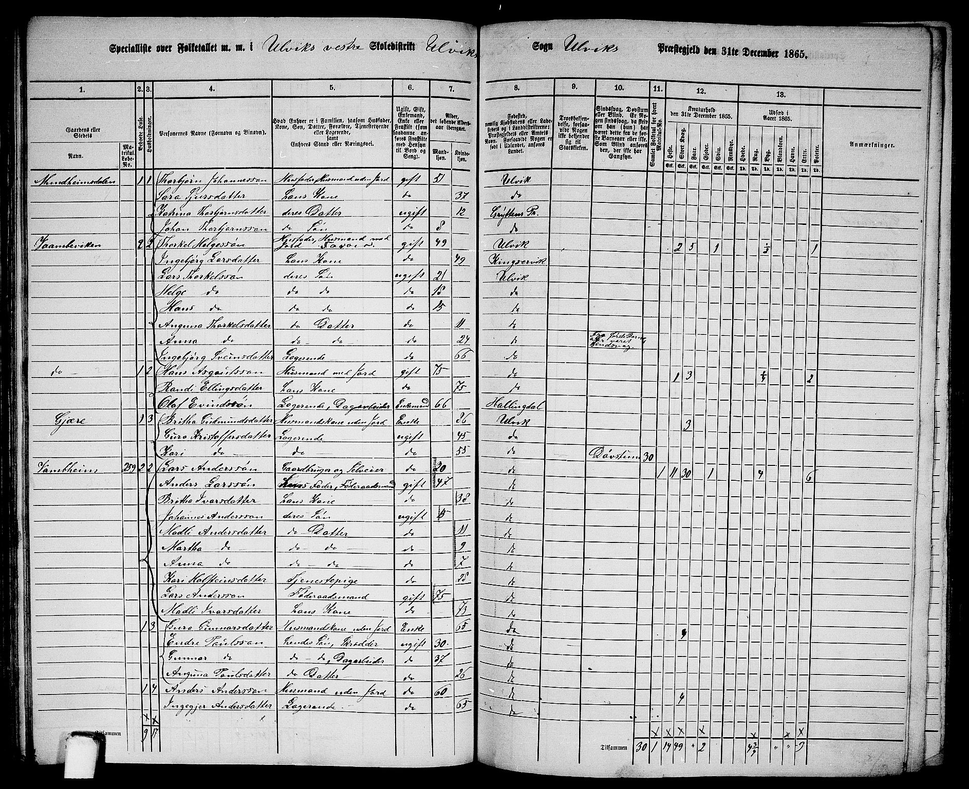 RA, 1865 census for Ulvik, 1865, p. 99