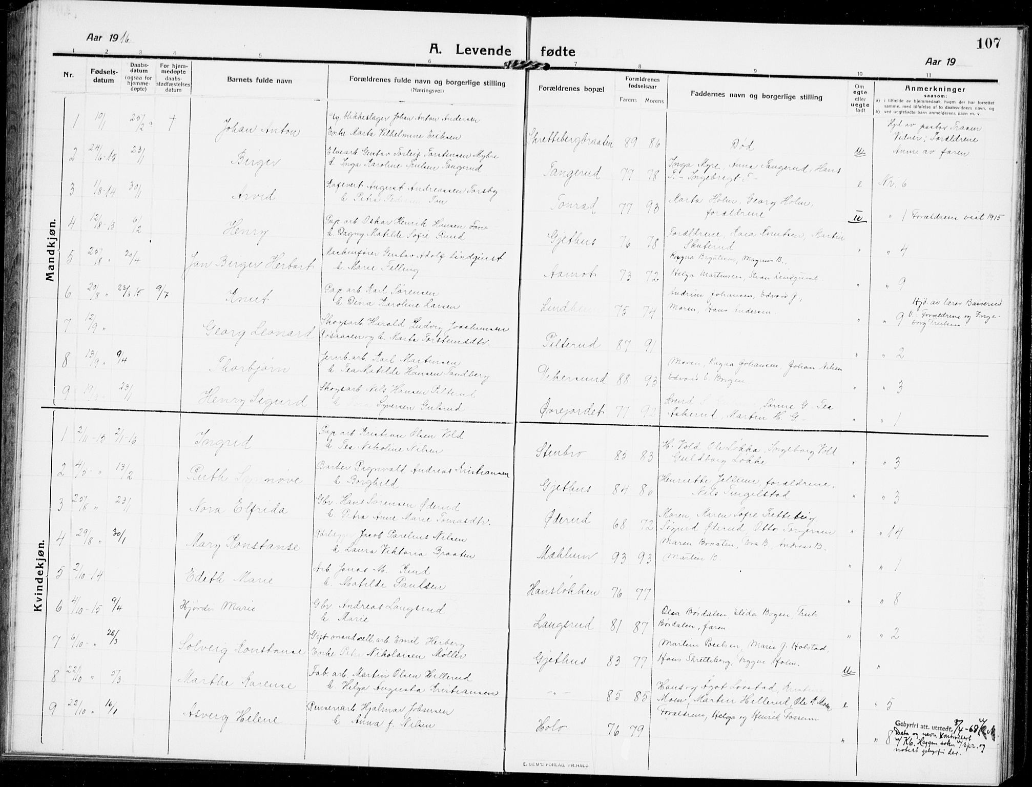 Modum kirkebøker, AV/SAKO-A-234/G/Ga/L0009: Parish register (copy) no. I 9, 1909-1923, p. 107