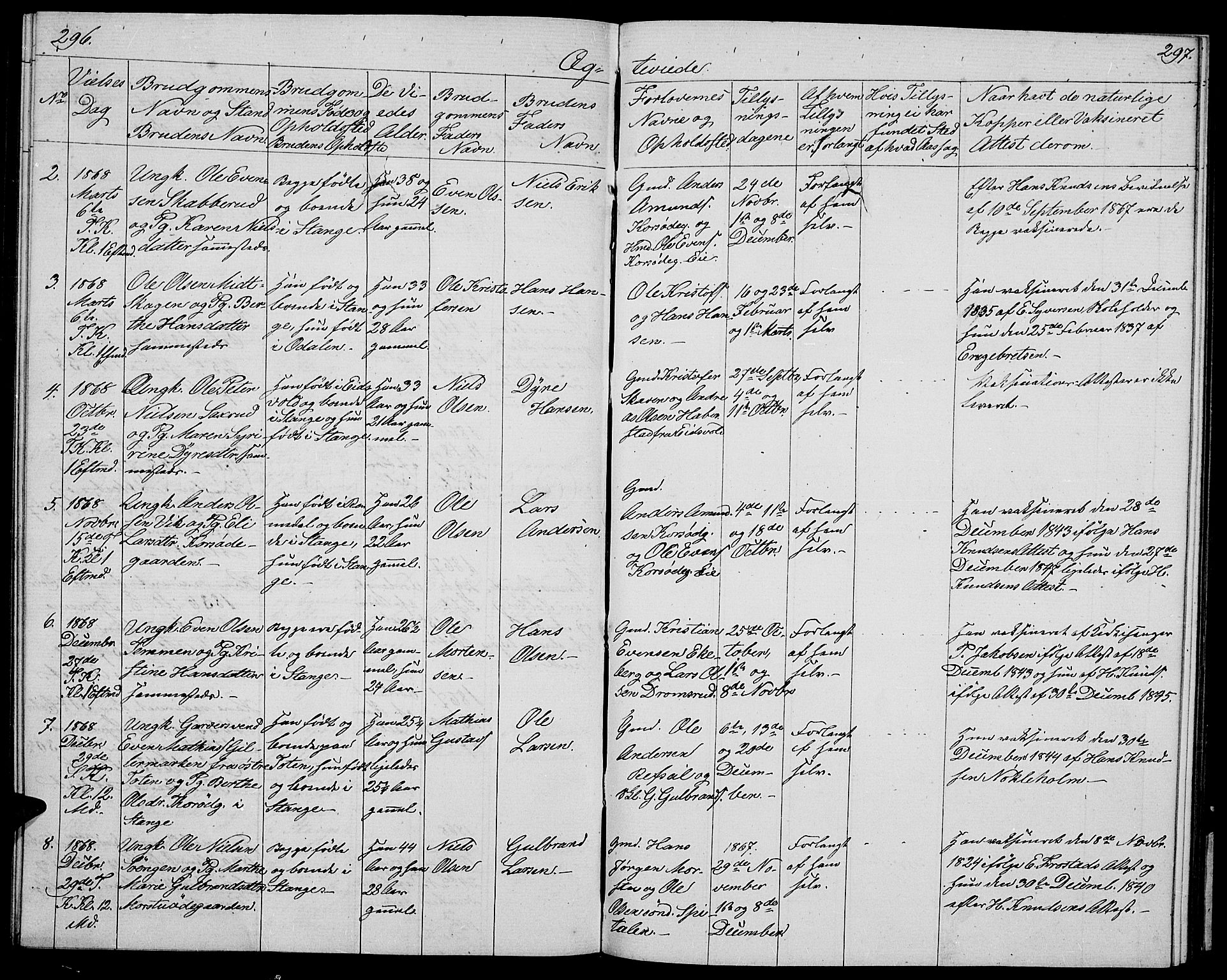 Stange prestekontor, SAH/PREST-002/L/L0004: Parish register (copy) no. 4, 1861-1869, p. 296-297