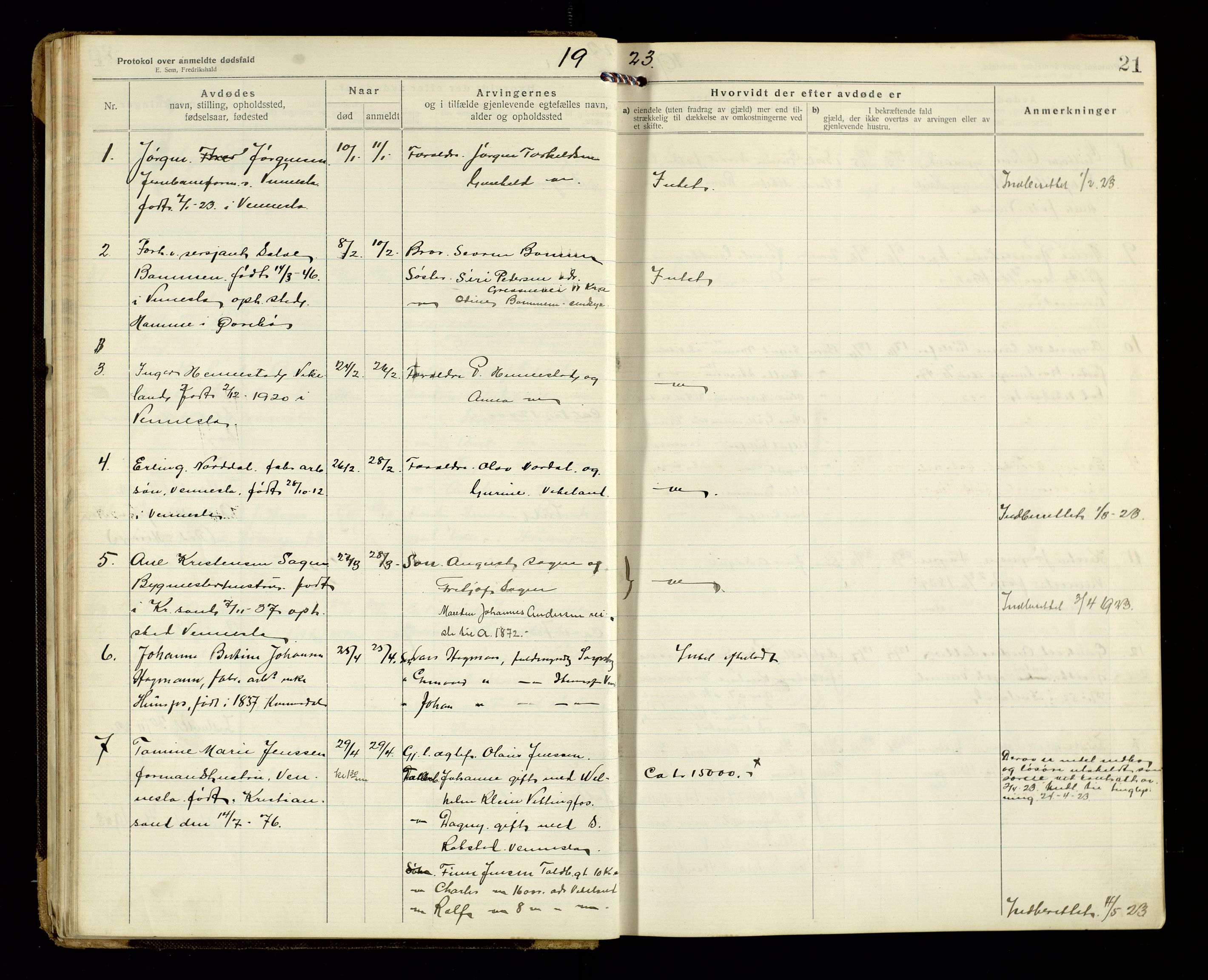 Vennesla og Iveland lensmannskontor, AV/SAK-1241-0050/F/Fe/L0001: Dødsfallsprotokoll nr 7, 1920-1940, p. 21