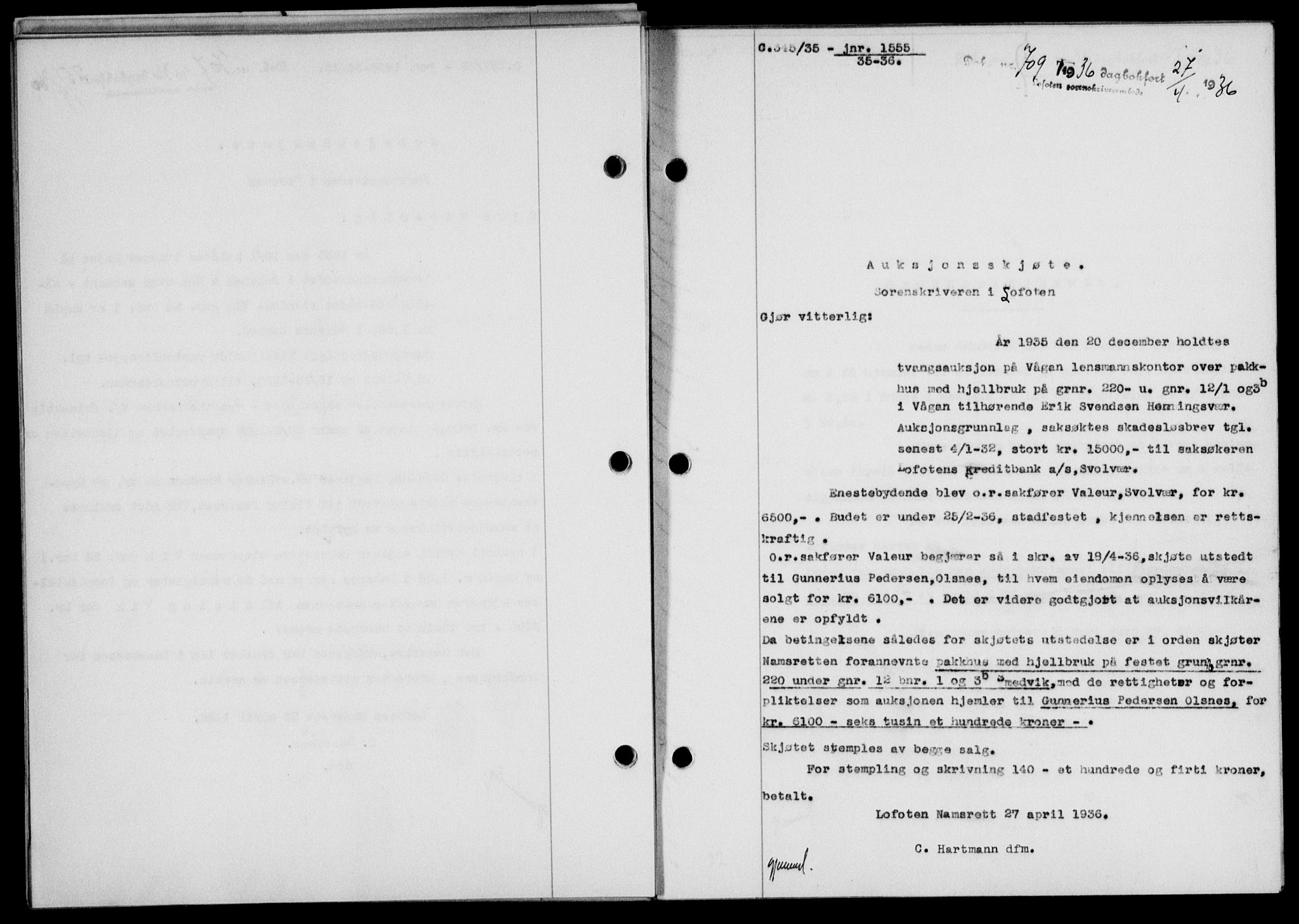 Lofoten sorenskriveri, SAT/A-0017/1/2/2C/L0033b: Mortgage book no. 33b, 1936-1936, Diary no: : 709/1936