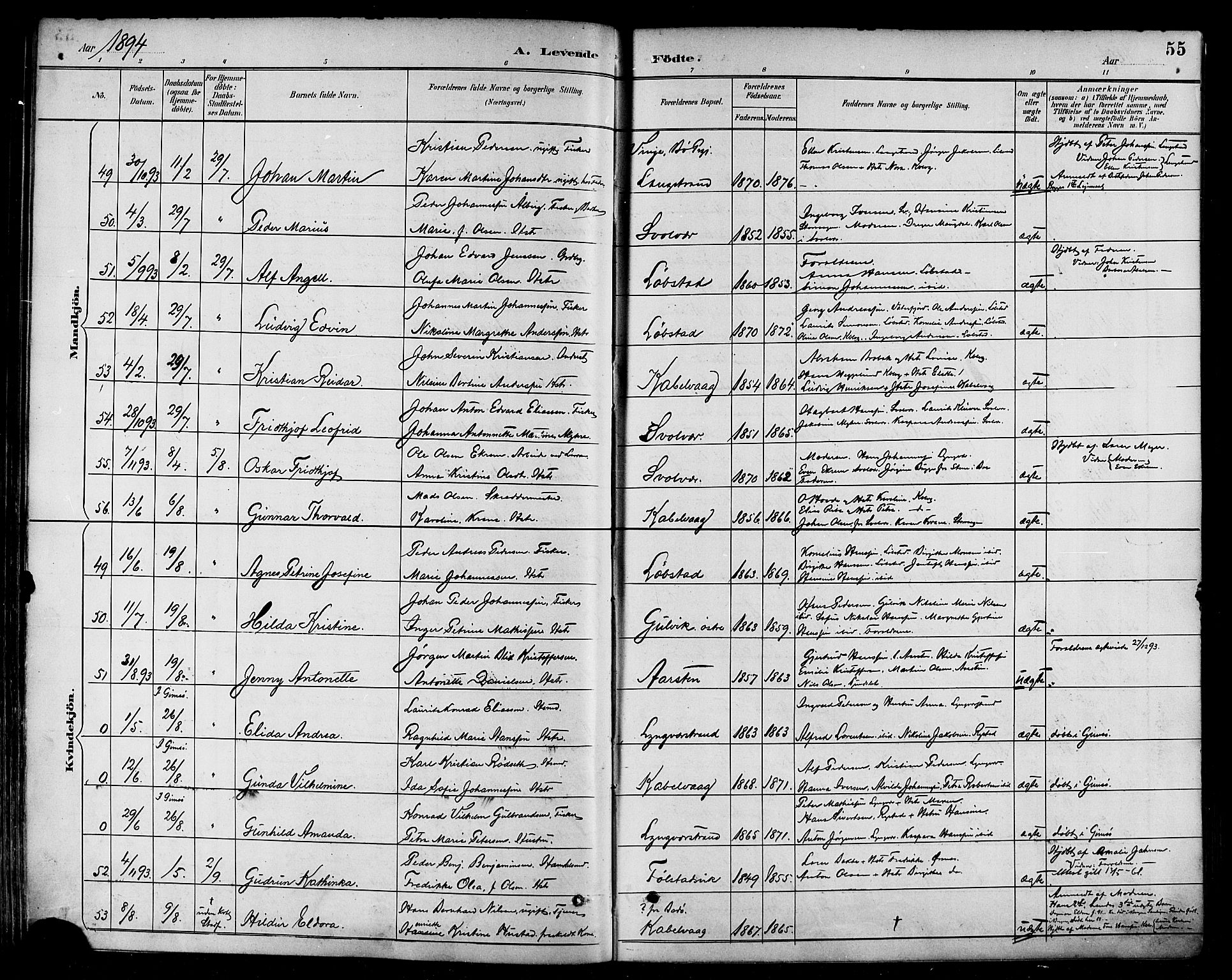 Ministerialprotokoller, klokkerbøker og fødselsregistre - Nordland, AV/SAT-A-1459/874/L1060: Parish register (official) no. 874A04, 1890-1899, p. 55