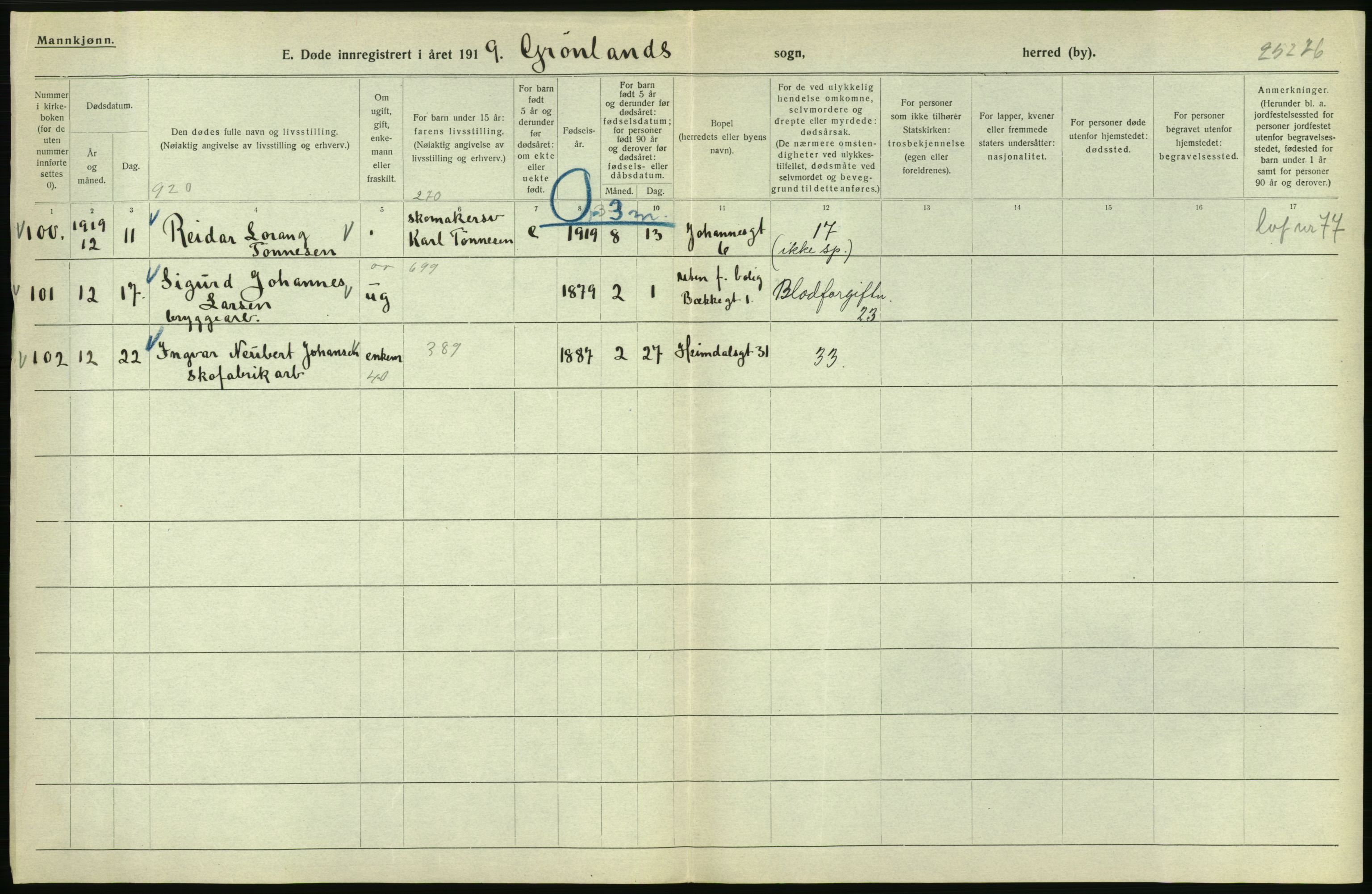 Statistisk sentralbyrå, Sosiodemografiske emner, Befolkning, AV/RA-S-2228/D/Df/Dfb/Dfbi/L0010: Kristiania: Døde, 1919, p. 62