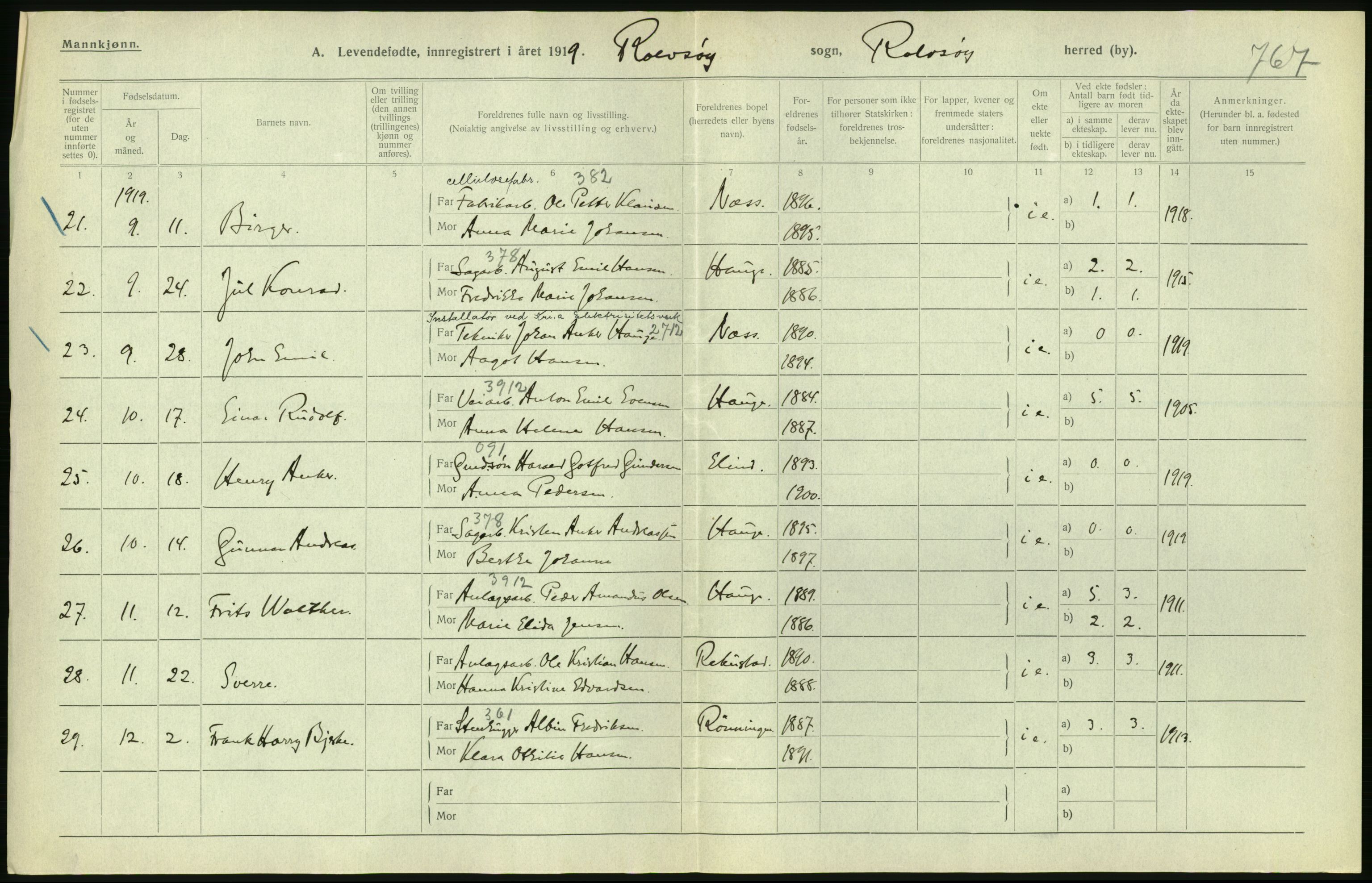 Statistisk sentralbyrå, Sosiodemografiske emner, Befolkning, RA/S-2228/D/Df/Dfb/Dfbi/L0001: Østfold fylke: Levendefødte menn og kvinner. Bygder., 1919, p. 420