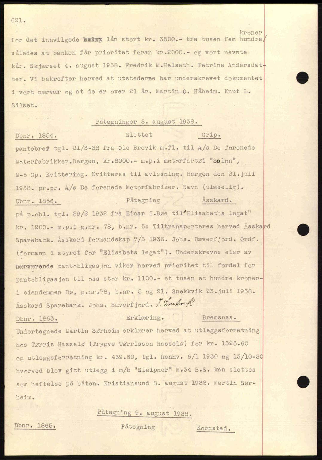 Nordmøre sorenskriveri, AV/SAT-A-4132/1/2/2Ca: Mortgage book no. C80, 1936-1939, Diary no: : 1854/1938