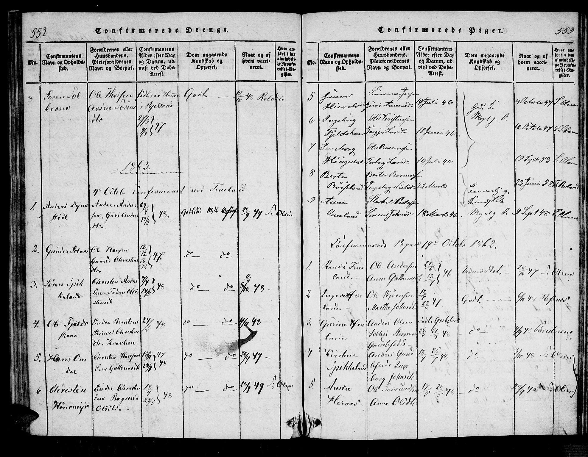 Bjelland sokneprestkontor, AV/SAK-1111-0005/F/Fa/Fab/L0002: Parish register (official) no. A 2, 1816-1869, p. 552-553