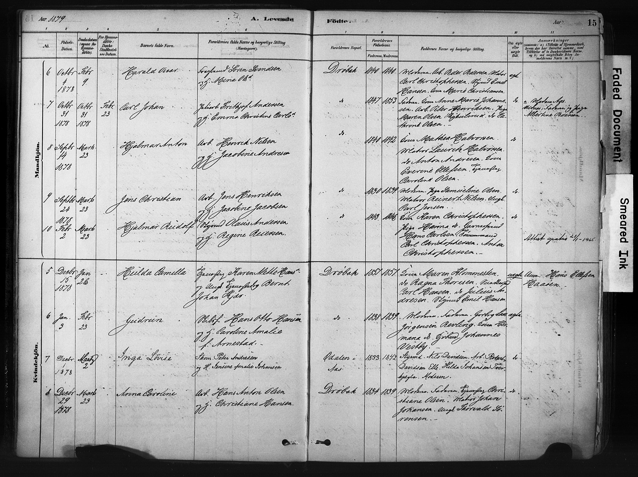 Drøbak prestekontor Kirkebøker, SAO/A-10142a/F/Fb/L0001: Parish register (official) no. II 1, 1878-1891, p. 15