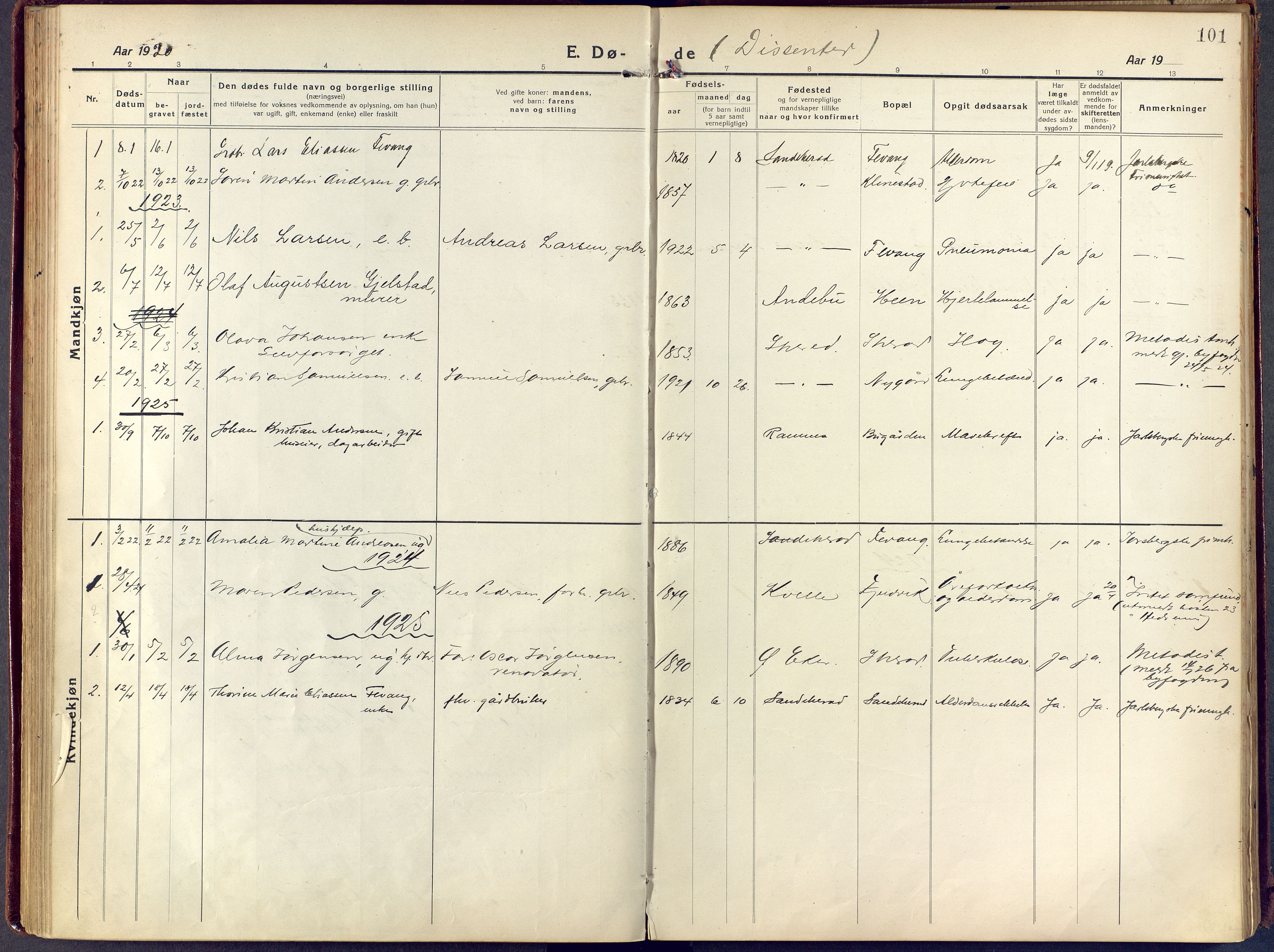 Sandar kirkebøker, SAKO/A-243/F/Fa/L0021: Parish register (official) no. 21, 1919-1925, p. 101