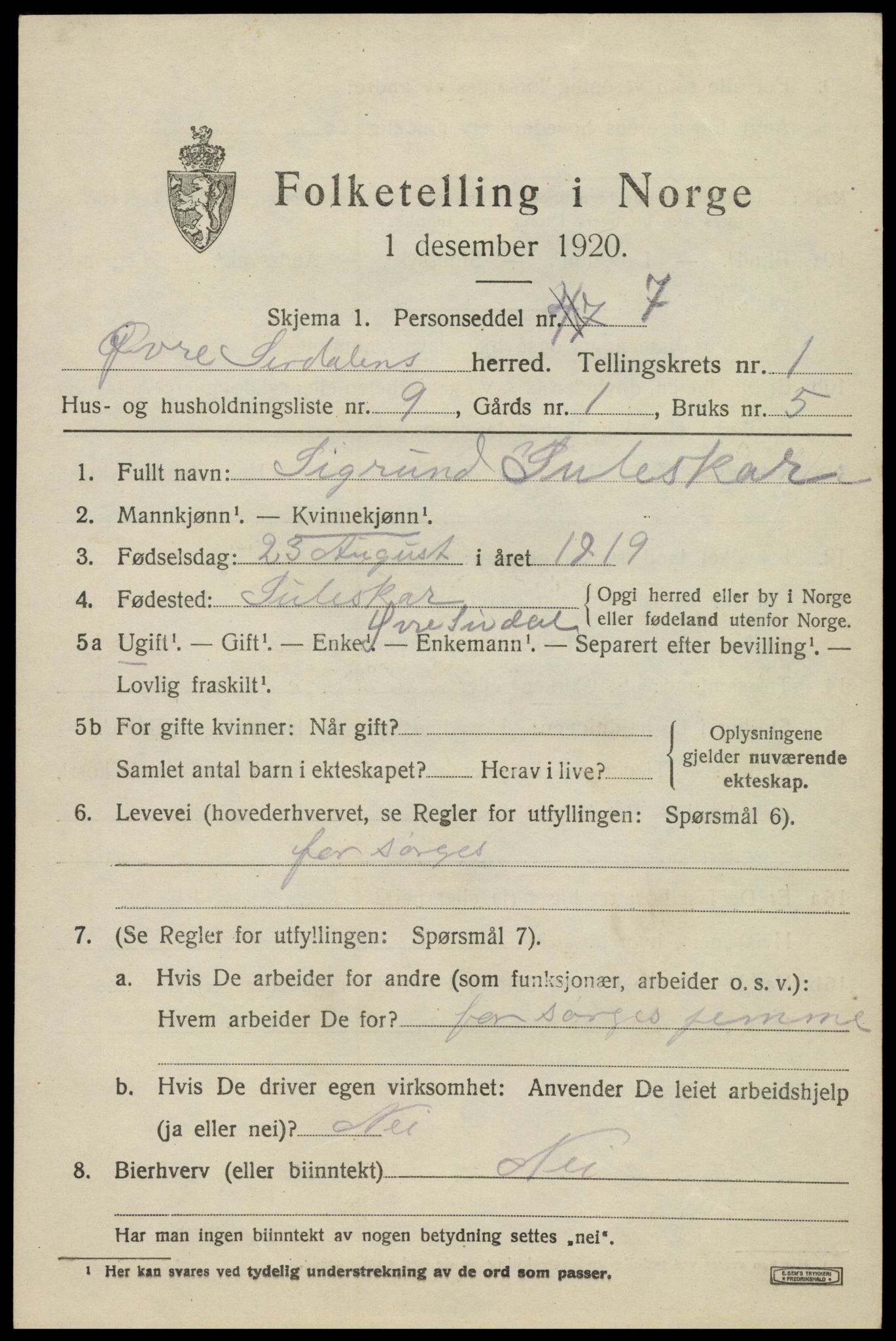 SAK, 1920 census for Øvre Sirdal, 1920, p. 423