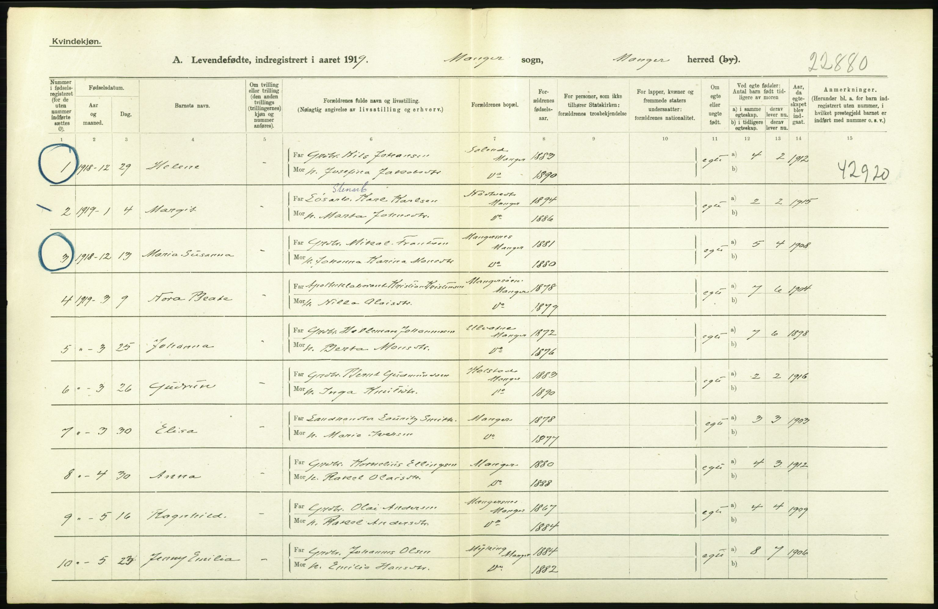 Statistisk sentralbyrå, Sosiodemografiske emner, Befolkning, RA/S-2228/D/Df/Dfb/Dfbi/L0031: Hordaland fylke: Levendefødte menn og kvinner. Bygder., 1919, p. 38